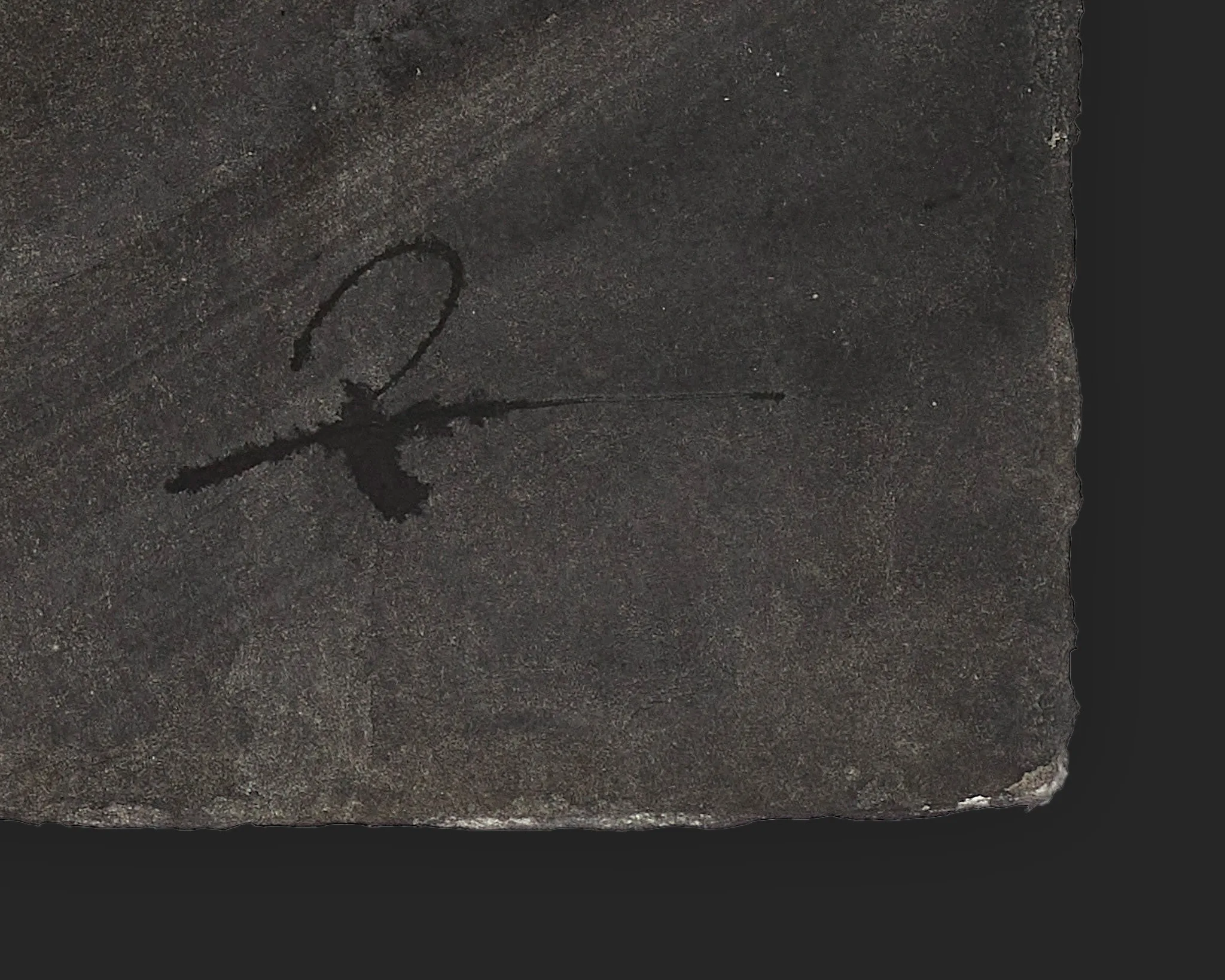 Close-up of the lower corner of Soft Glow at Millers, an original ink on Indian paper painting by Paul Kenton, showing his dark ink signature with a loop and sweeping stroke on grey, textured paper.