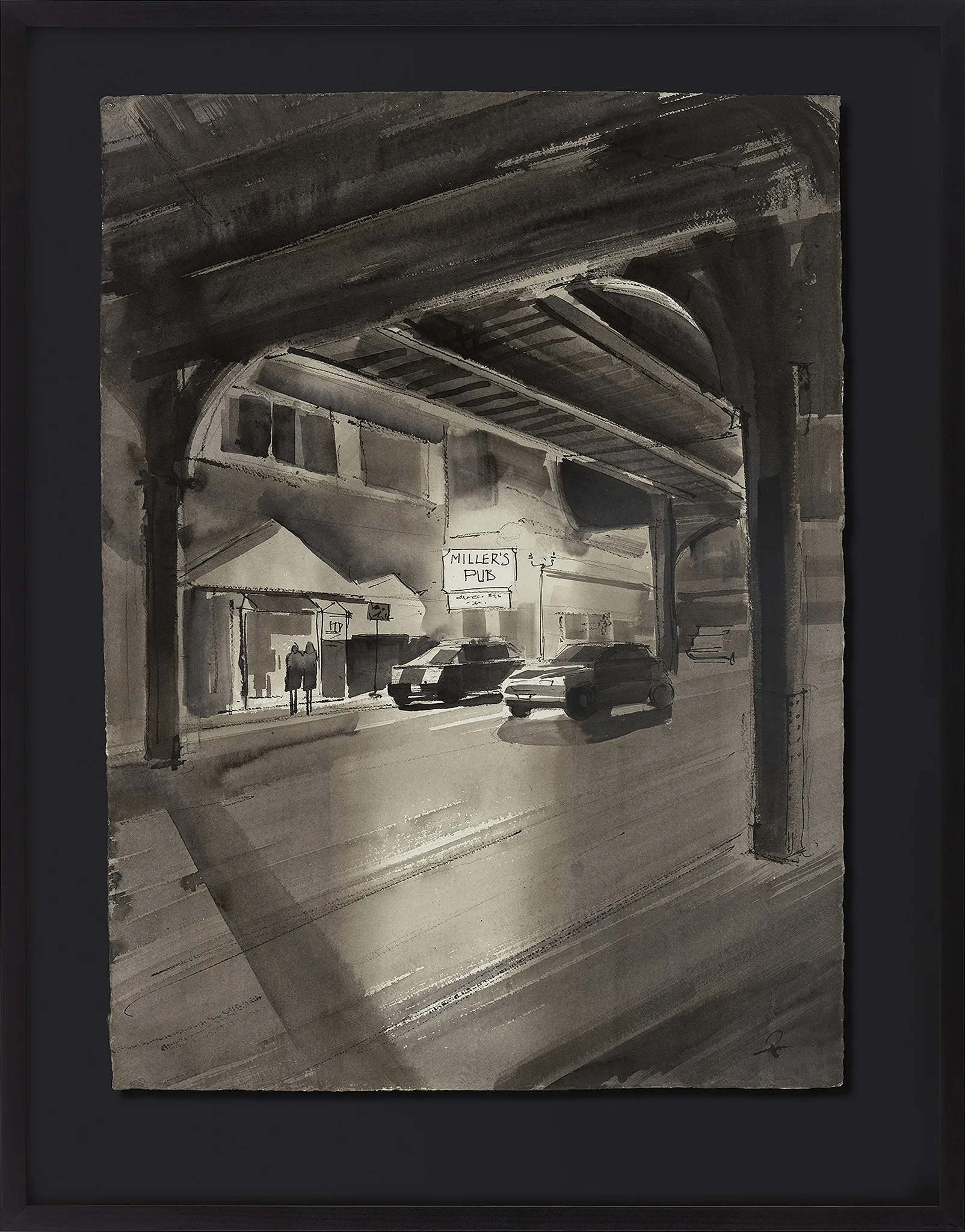 Soft Glow at Millers, an original ink on Indian paper painting by Paul Kenton, in a black frame: a greyscale night street beneath a dark railway viaduct, with cars and a lit Miller's Pub sign.