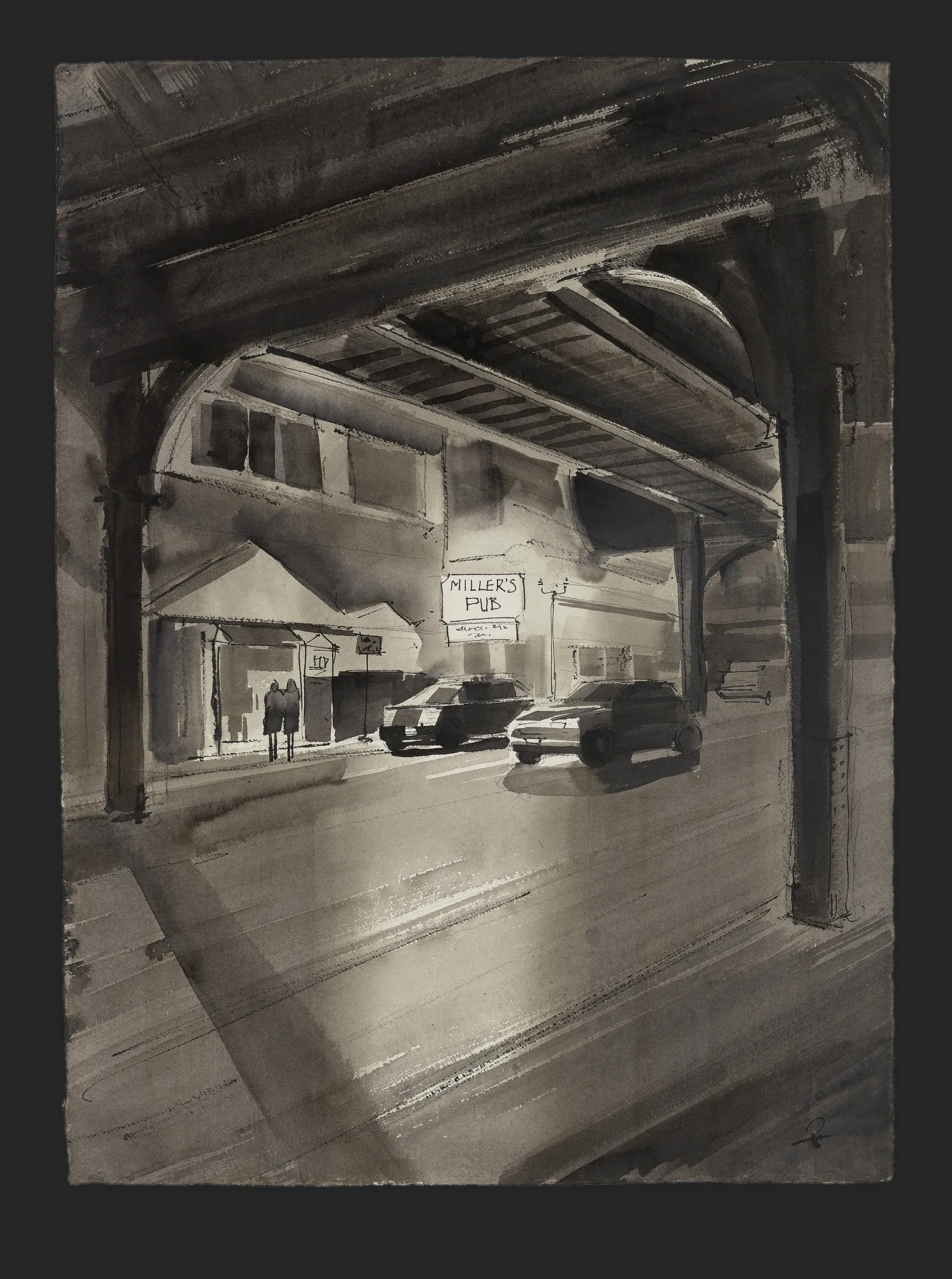 Soft Glow at Millers, an original ink painting by Paul Kenton: a monochrome night street seen through a dark arched railway bridge, with a lit sign reading Miller's Pub and two parked cars.