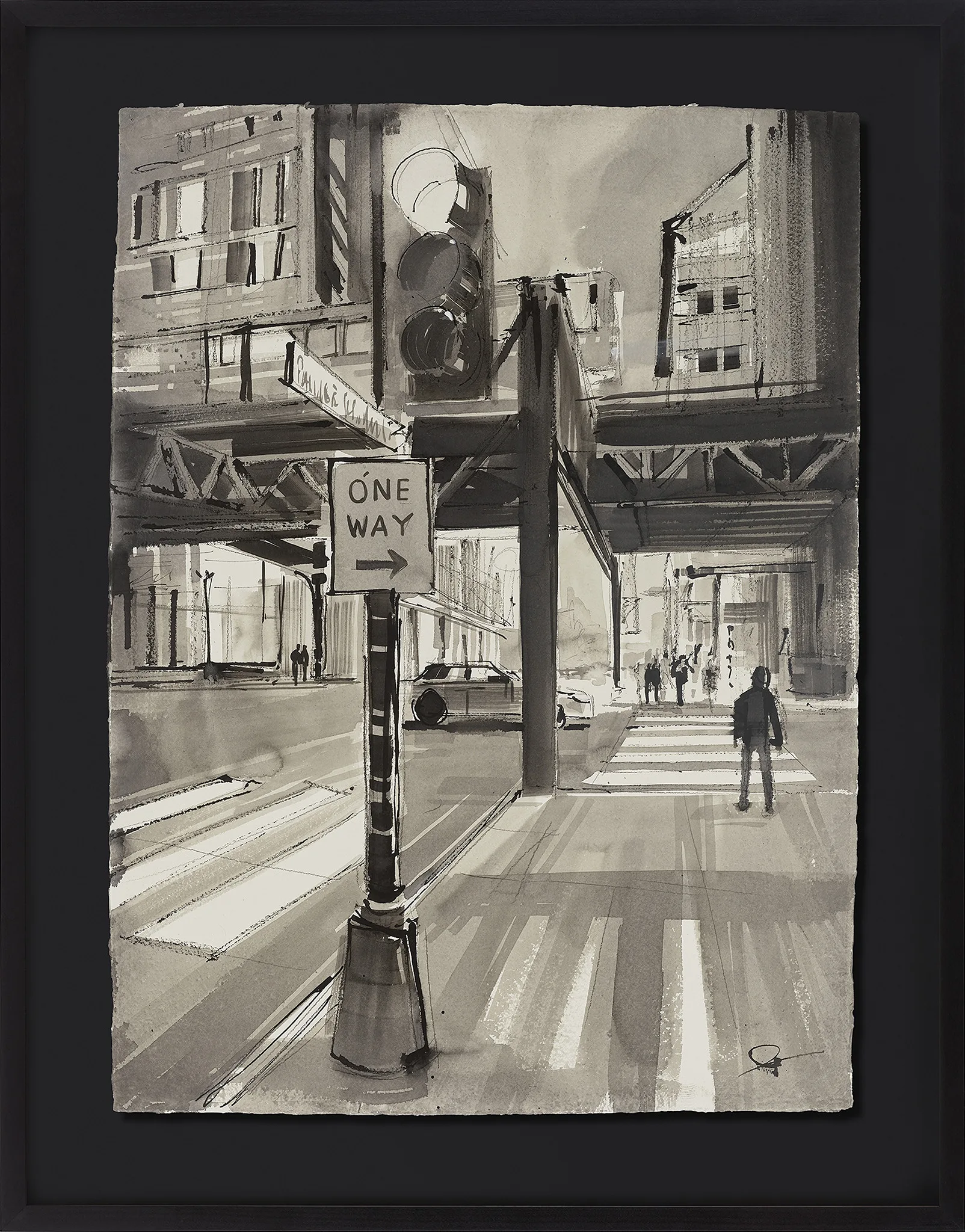 Urban Contours, an original ink on Indian paper painting by Paul Kenton, in a black frame: a monochrome New York street scene with a traffic light, a One Way sign and a lone pedestrian crossing.