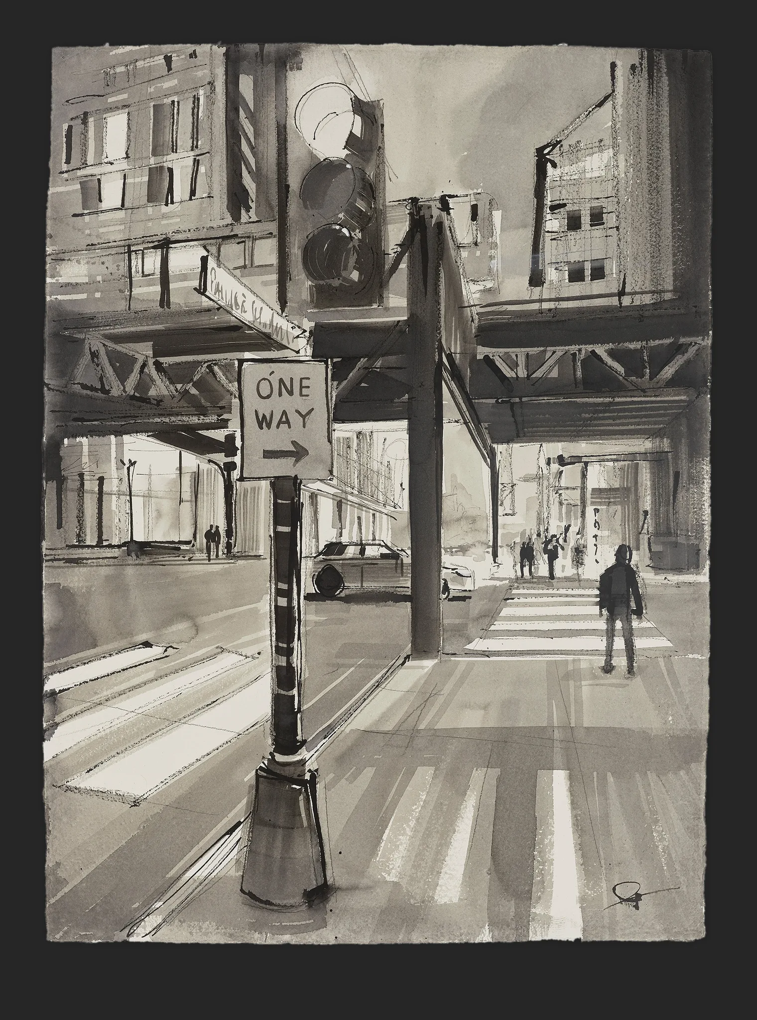 Urban Contours, an original ink painting by Paul Kenton: a grey monochrome New York street under an elevated railway, with a one-way sign, crossings and a lone pedestrian.