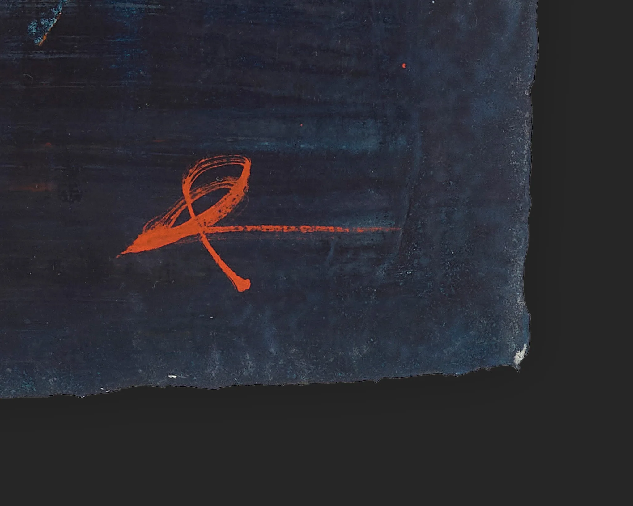 Close-up detail of Manhattan Vibrance, an original painting by Paul Kenton, showing his orange signature in looping brushstrokes on dark navy paint near the lower corner.