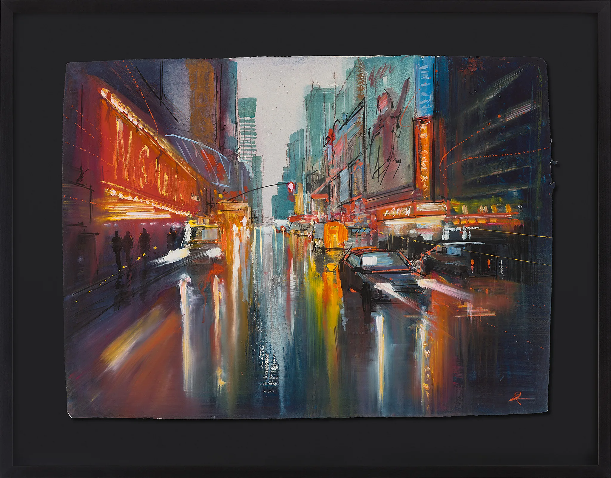 Manhattan Vibrance, an original painting by Paul Kenton in a black frame: a rain-slicked New York street at dusk, with glowing red theatre signs on the left, a dark car and streaks of amber and teal light reflected on the wet road.