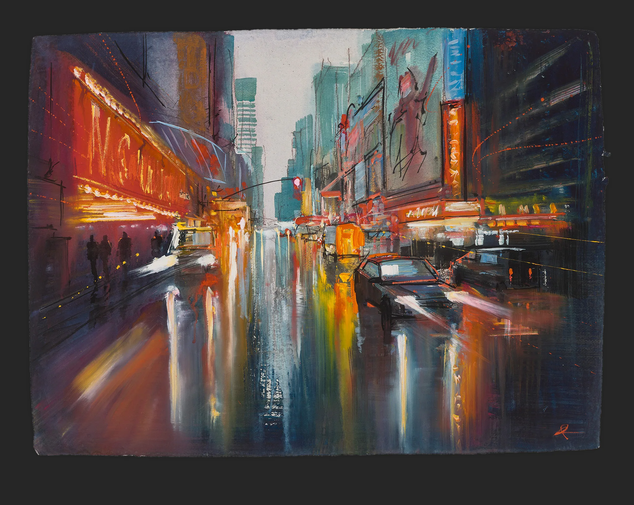 Manhattan Vibrance, an original painting by Paul Kenton: a rain-slicked New York street at night, glowing red and orange signs, blurred yellow reflections and dark cars in bold, loose strokes.