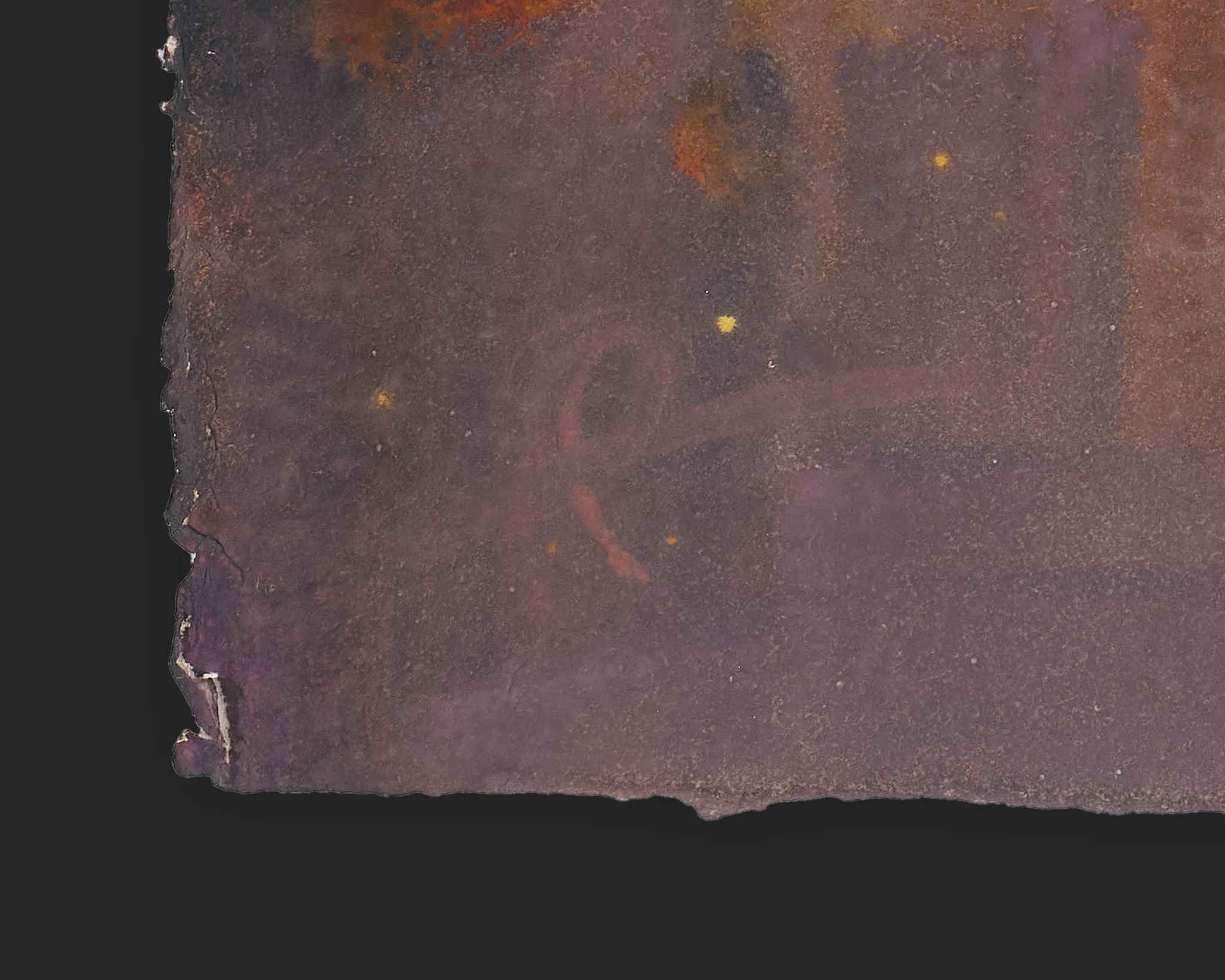 Close-up detail of City Beat, an original painting by Paul Kenton: textured purple and rust-brown surface with scattered yellow specks and a faint red curved mark, showing the paper's rough edge.