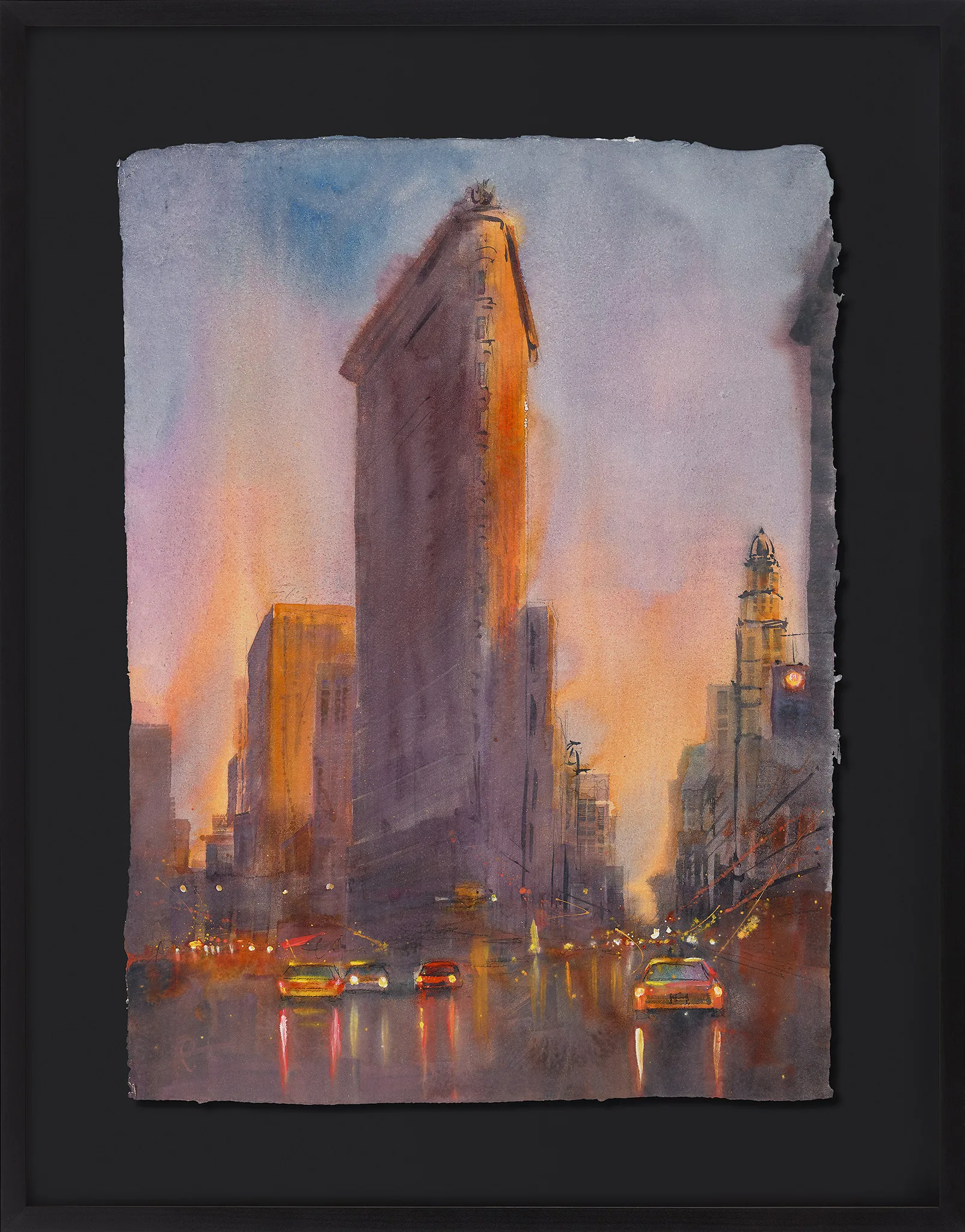 City Beat, an original painting by Paul Kenton, framed in black: a tall, wedge-shaped skyscraper glows amber at sunset above a rain-slicked New York street lit by taxis and blurred headlights.