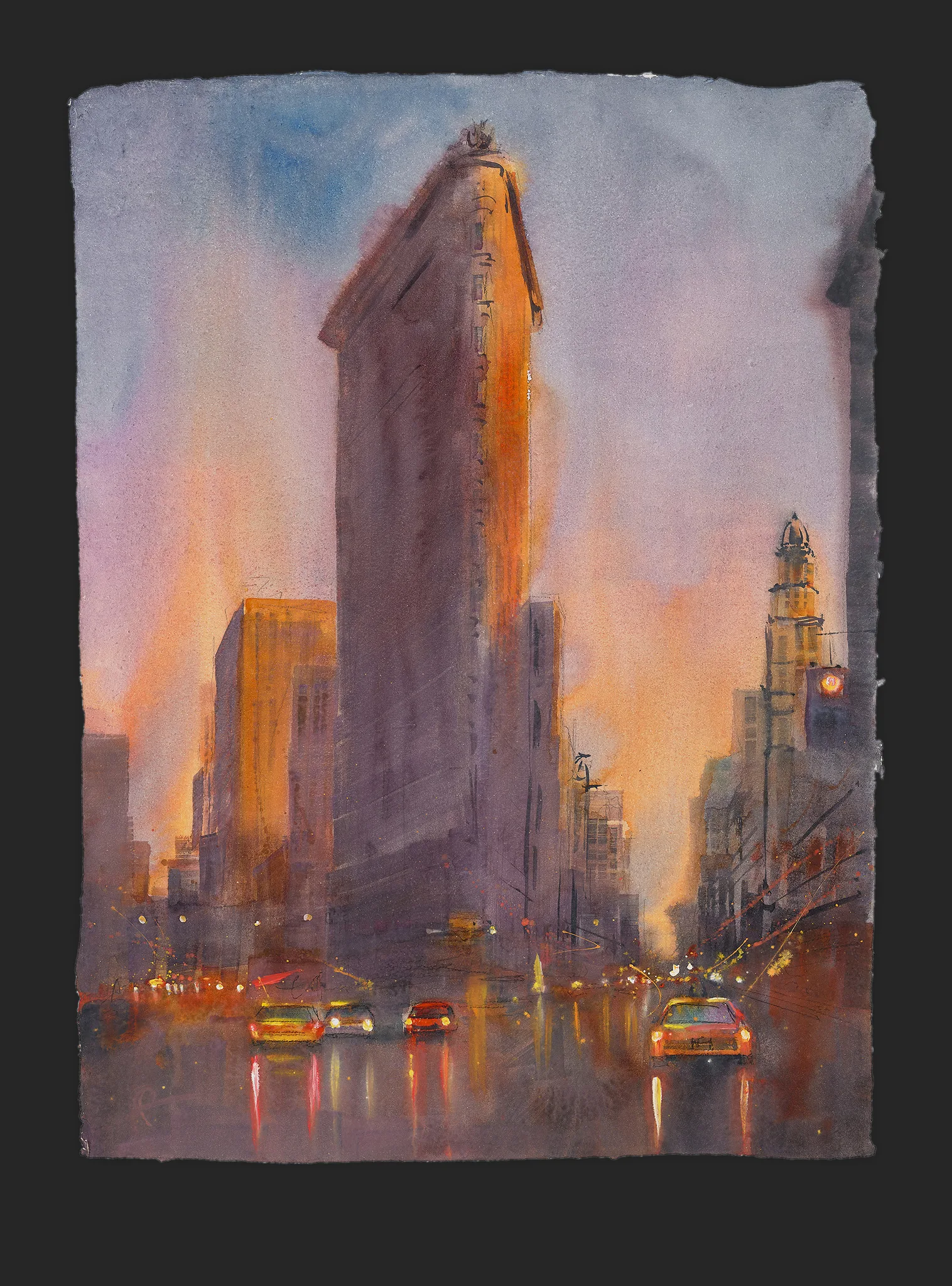 City Beat, an original painting by Paul Kenton: the Flatiron Building rises in dusk light, its warm orange glow against violet sky, with blurred taxis and streaks of light on a wet street below.