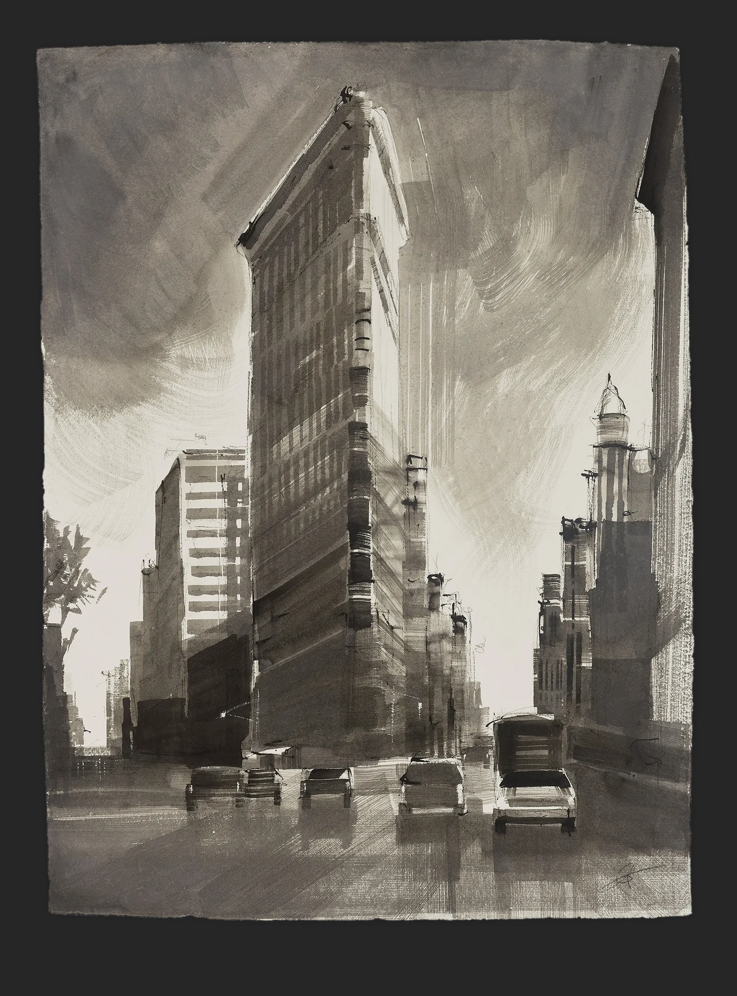 Flatiron Illuminated, an original painting by Paul Kenton: a monochrome ink view of New York's Flatiron Building, its wedge-shaped tower rising against a stormy grey sky above parked cars.