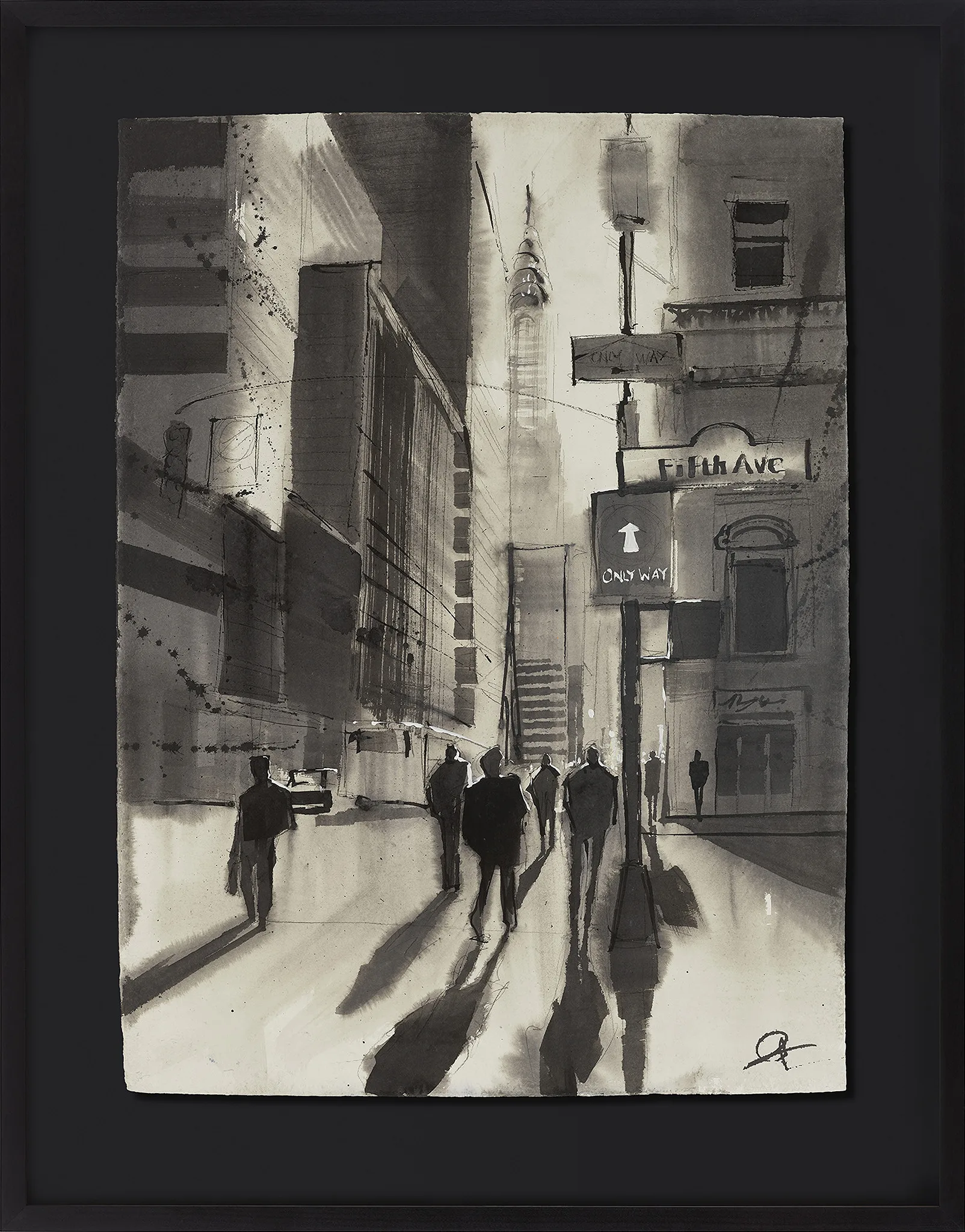 Fifth Avenue Haze, an original painting by Paul Kenton in a black frame: a grey monochrome New York street with figures walking towards a distant spire, under a Fifth Ave sign.