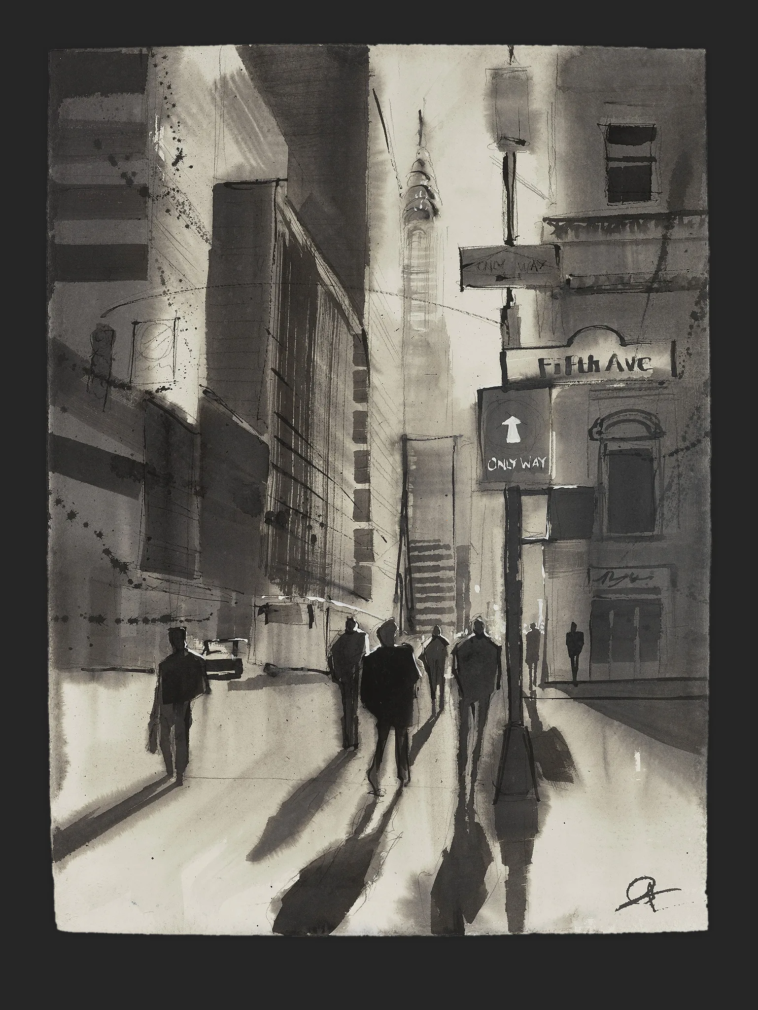 Fifth Avenue Haze, an original painting by Paul Kenton: a monochrome New York street in watercolour and ink, with silhouetted pedestrians walking toward a distant spire under a hazy light.