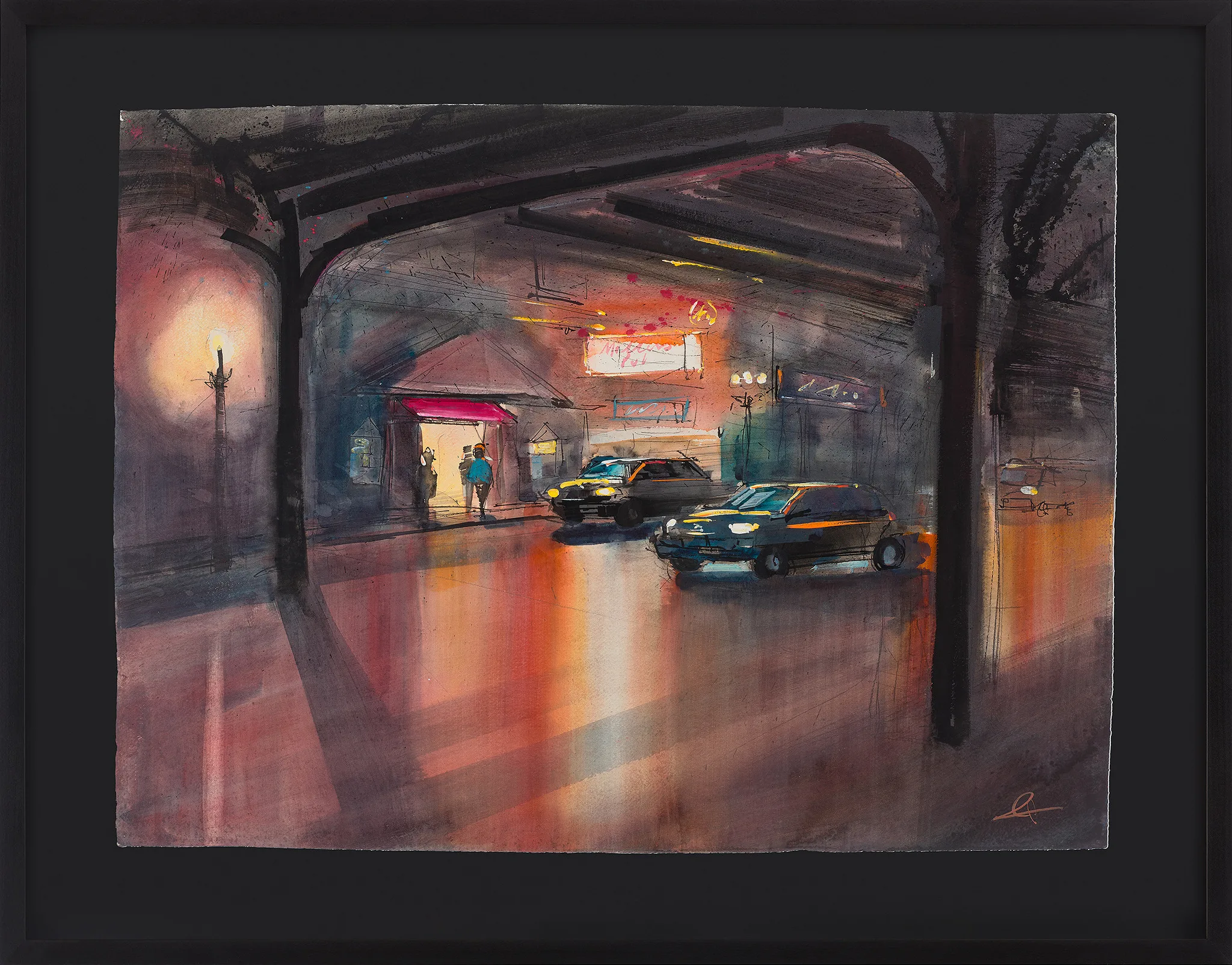 Glow on the Avenue, an original painting by Paul Kenton in a black frame: a night street under a dark arched overpass, with warm orange and pink reflections on wet tarmac, two cars, and figures beneath a glowing sign.
