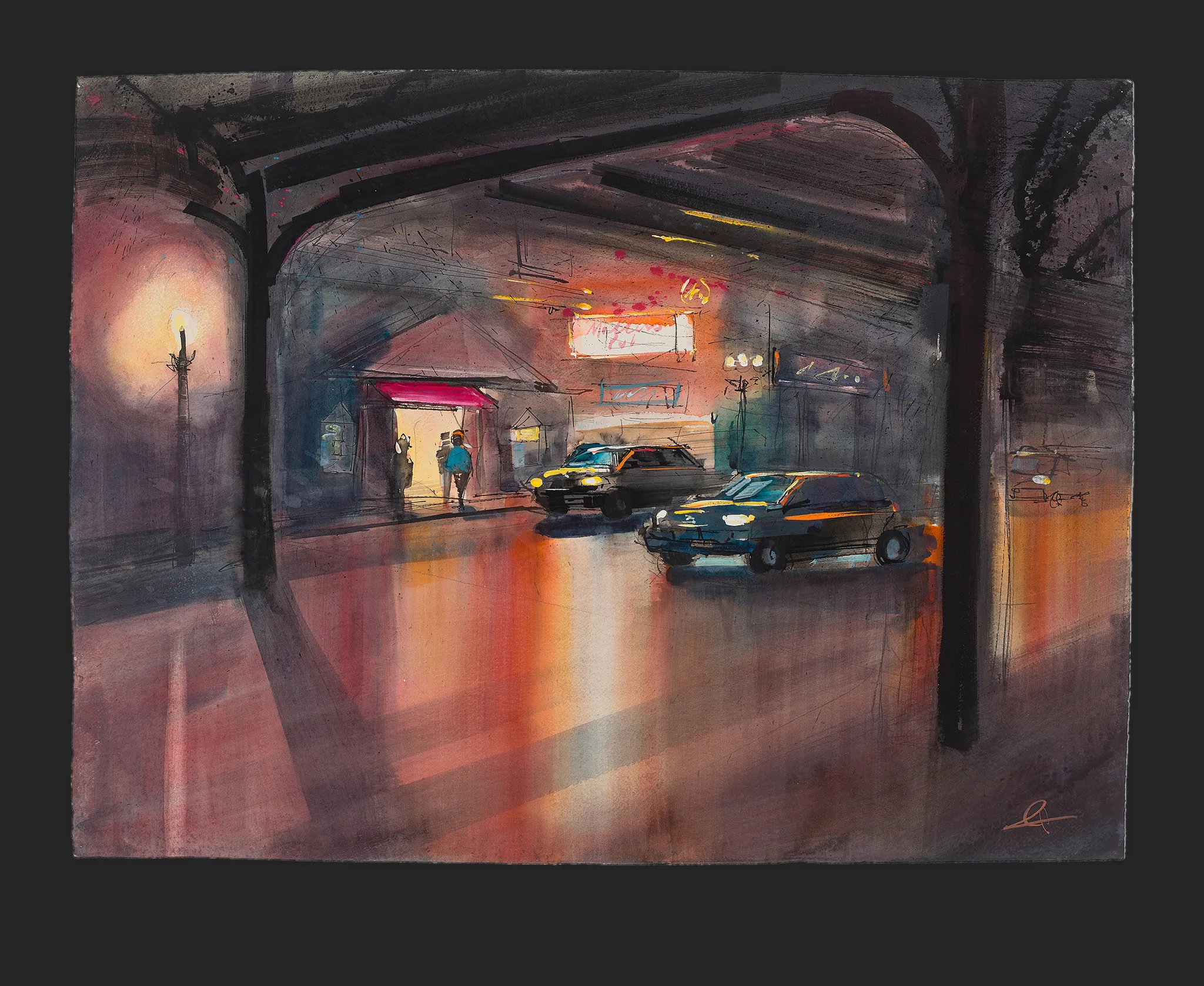 Glow on the Avenue, an original painting by Paul Kenton: a night street under a dark elevated structure, warm orange light reflecting off wet pavement, with two cars and a figure beneath a glowing sign.