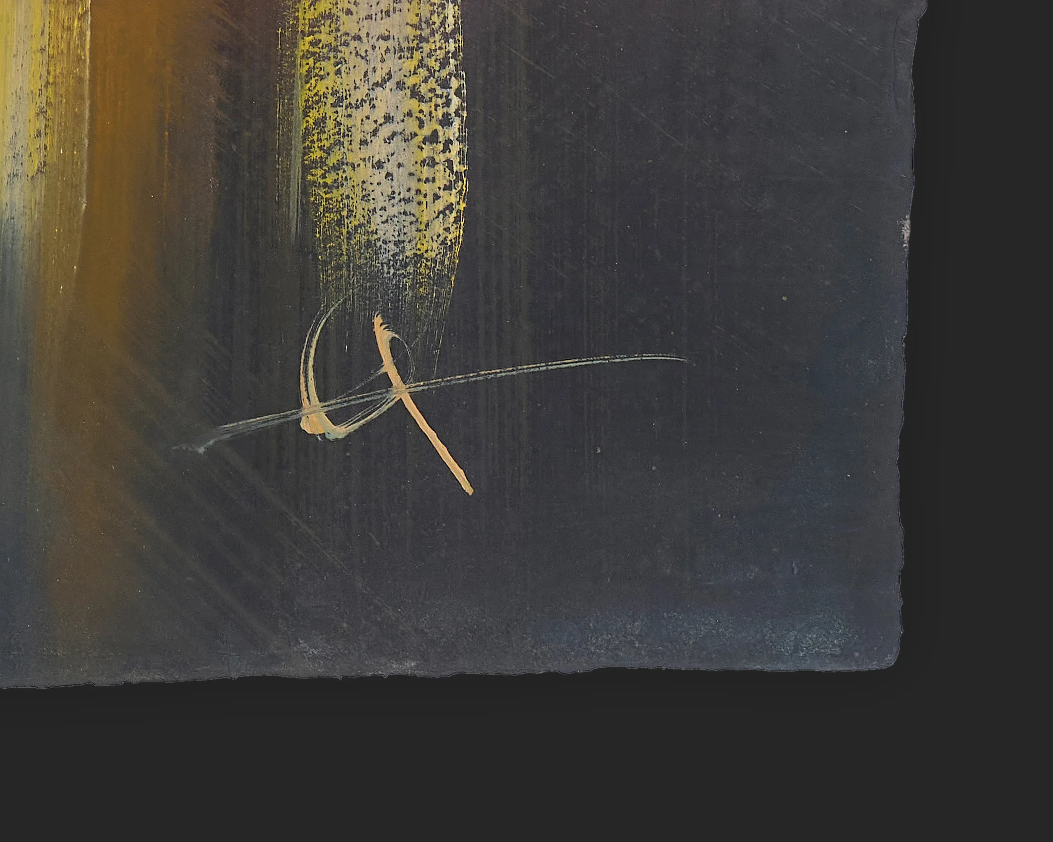 Close-up detail of Puddles and Parasols, an original painting by Paul Kenton, showing his signature in orange and grey strokes over dark textured paper with flecks of yellow and ochre.