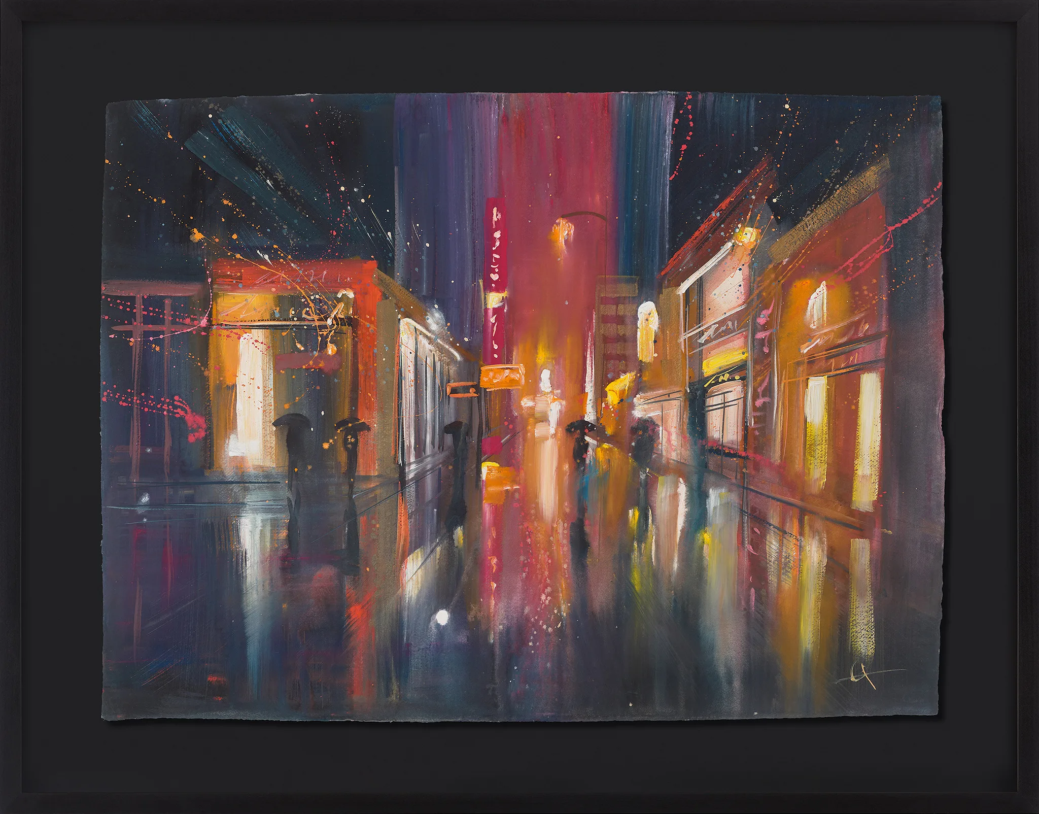Puddles and Parasols, an original painting by Paul Kenton in a black frame: a rain-soaked street at night, with blurred umbrellas, glowing shopfronts and red and orange reflections on wet pavement.