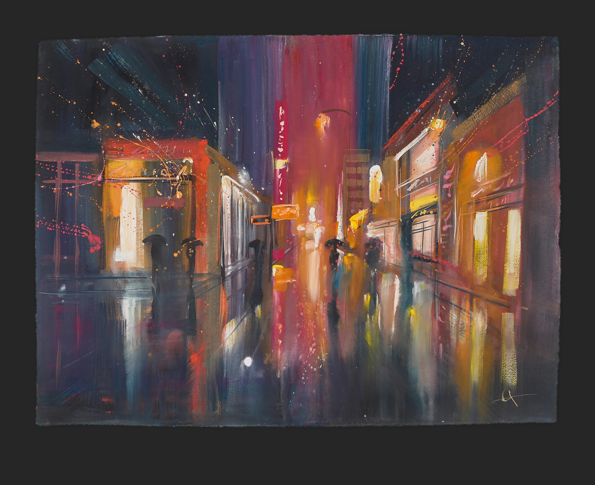 Puddles and Parasols, an original painting by Paul Kenton: a rain-soaked city street at night, with glowing shopfronts, red and gold reflections on wet pavement, and silhouetted figures under umbrellas.
