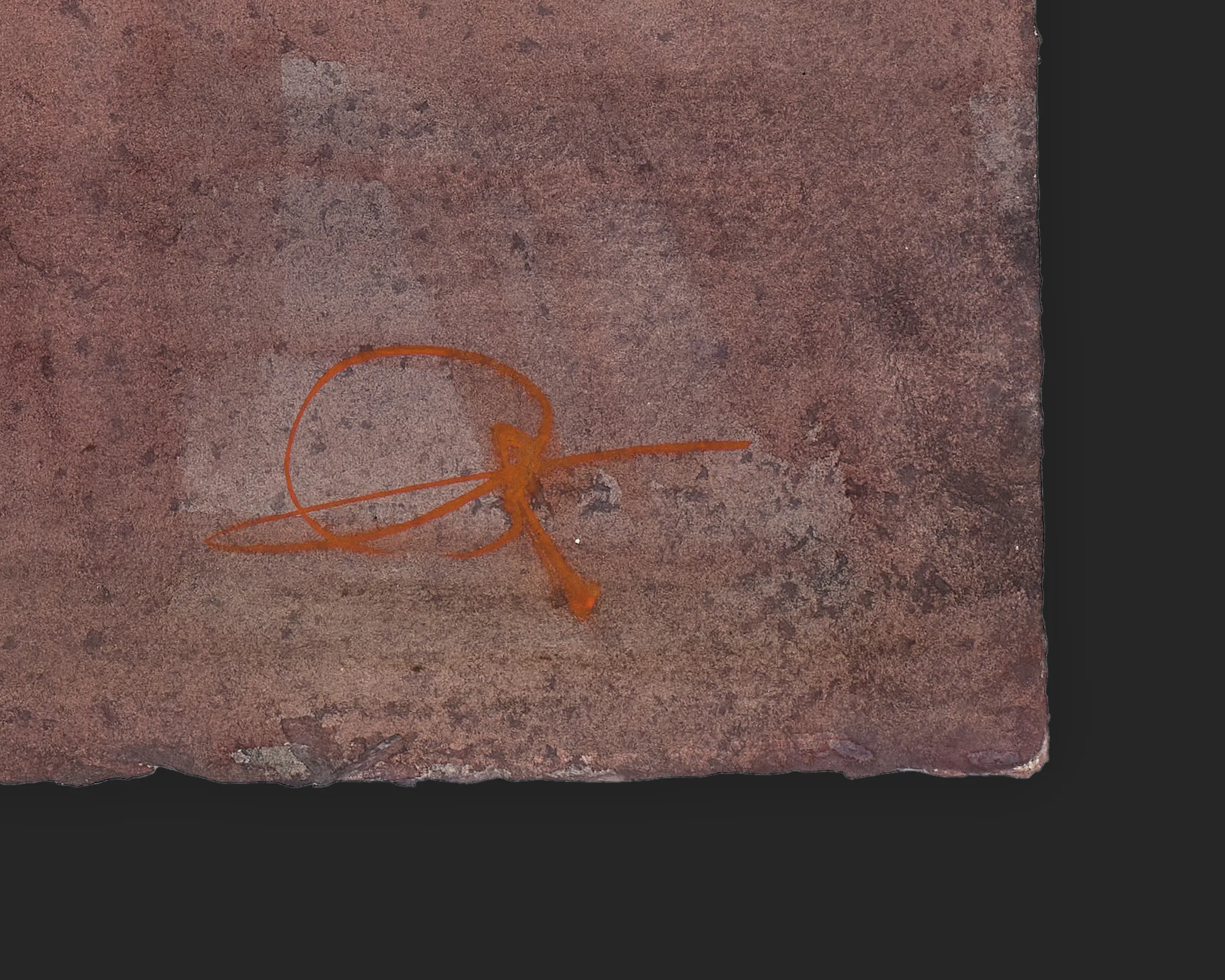 Close-up of the lower corner of Street Wander, an original painting by Paul Kenton, showing his orange ink signature over a mottled, rust-brown wash on textured paper.