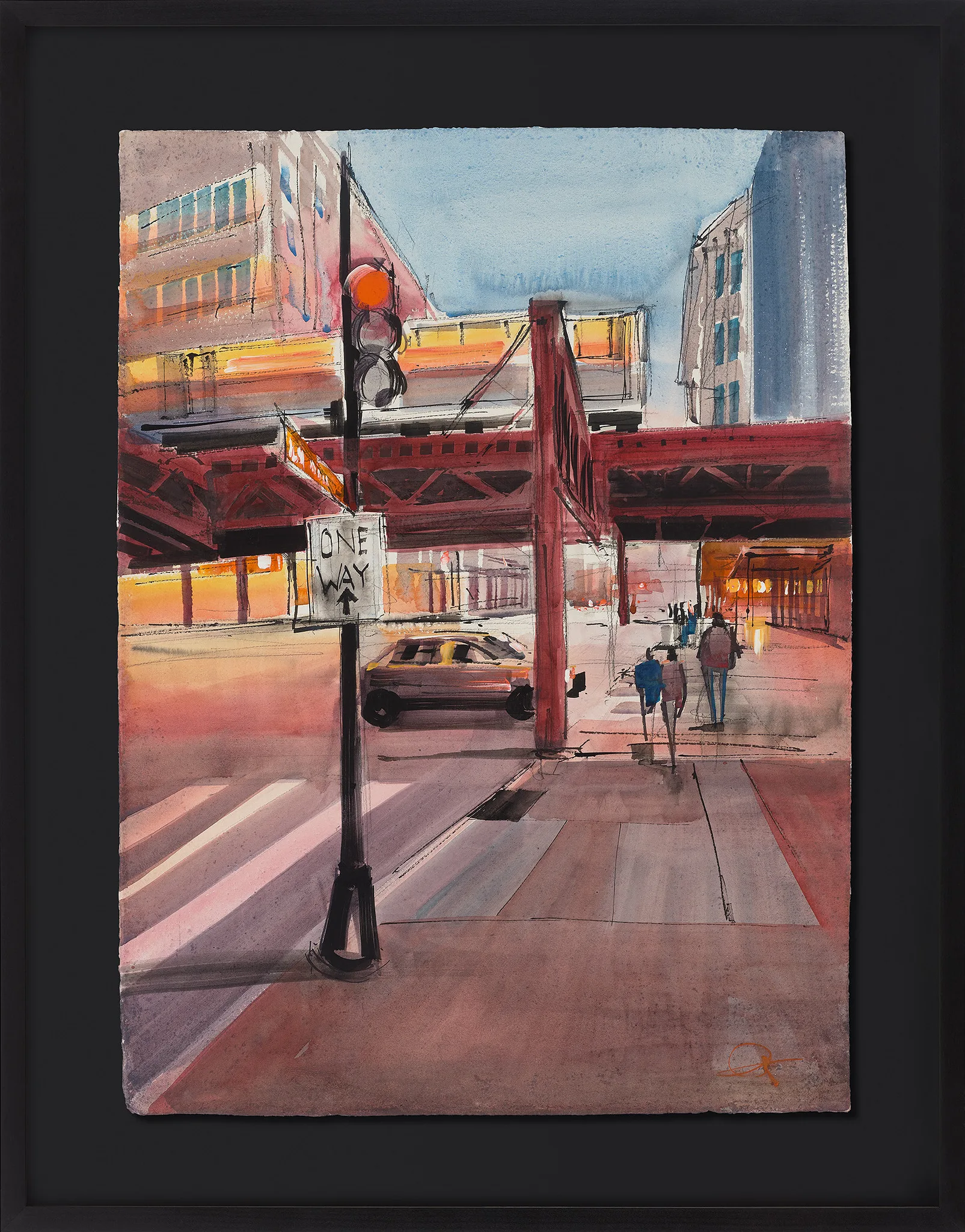 Street Wander, an original painting by Paul Kenton in a black frame: a loosely painted New York street at dusk beneath a red elevated railway, with a one-way sign, a yellow car and pedestrians in warm pinks and oranges.