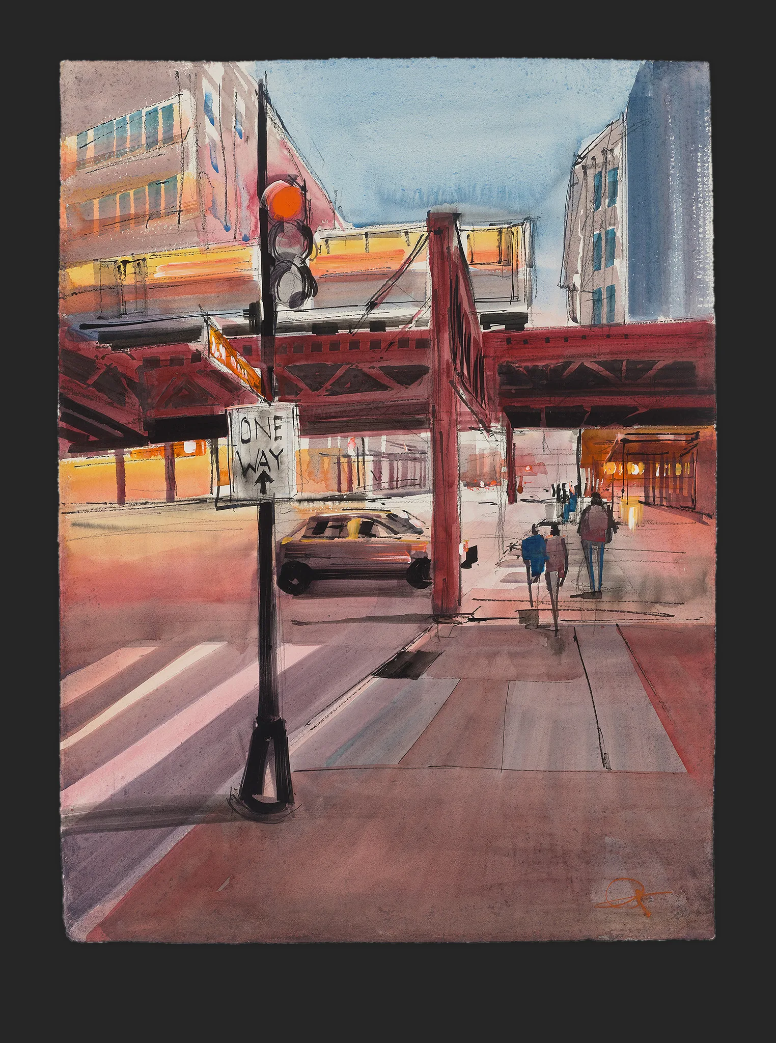 Street Wander, an original painting by Paul Kenton: a dusk street in New York beneath a red elevated railway, with a one-way sign, a yellow taxi and pedestrians in warm pink and orange tones.
