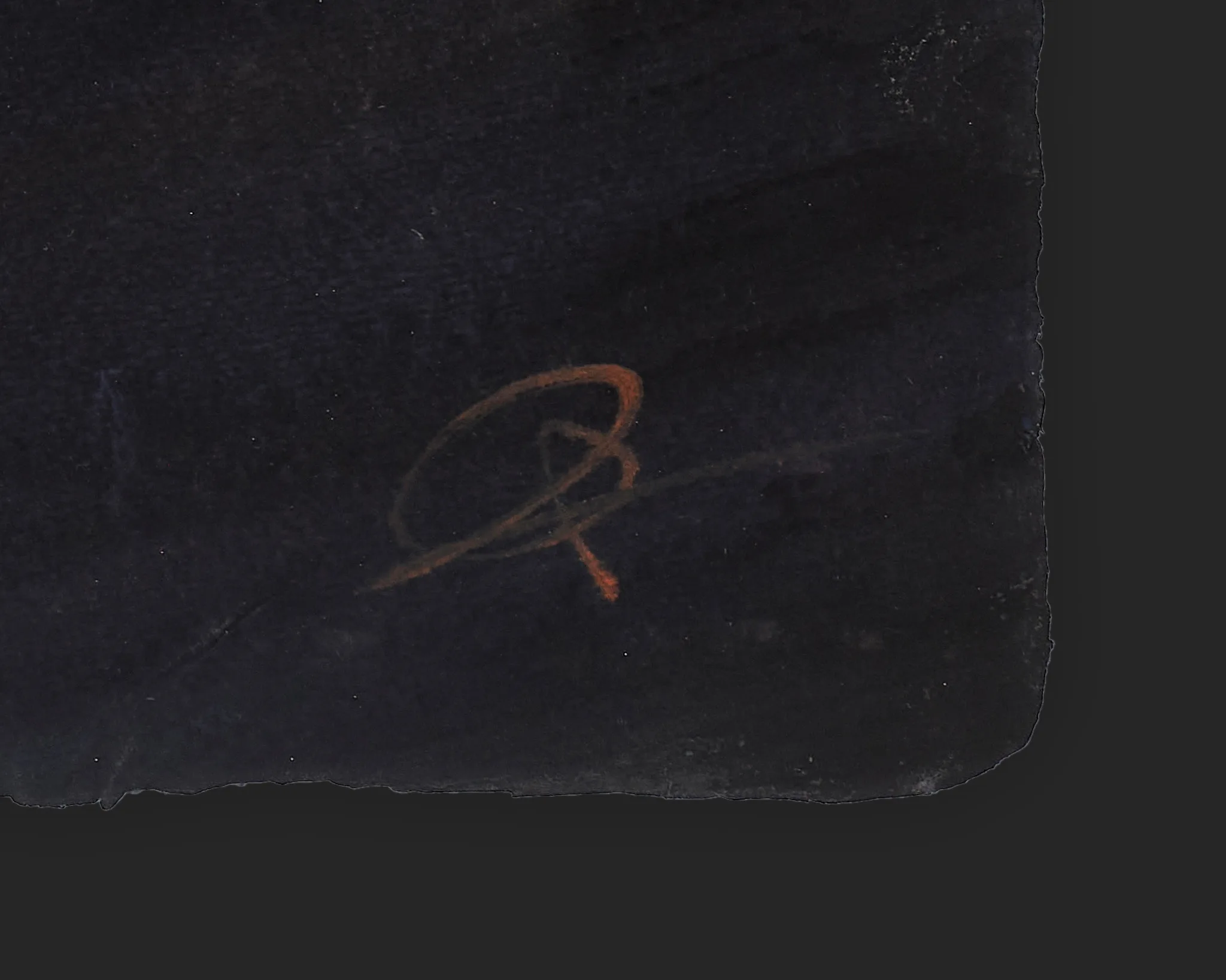 Close-up of the lower corner of City Glow, an original gouache on black paper by Paul Kenton, showing his orange signature with a faint grey stroke beneath it.