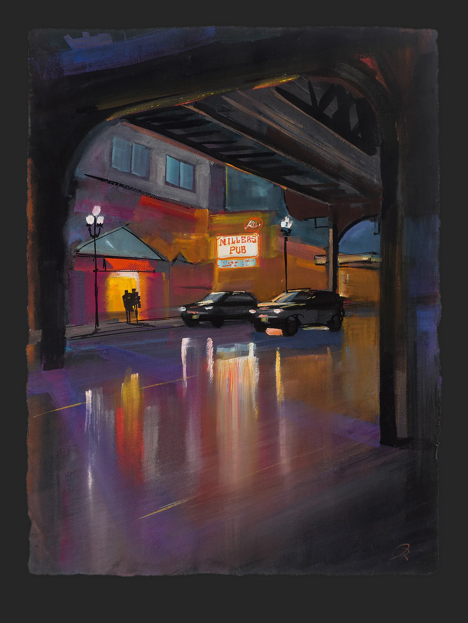 City Glow, an original painting by Paul Kenton: a rain-soaked night street seen through a dark railway arch, with a glowing Miller's Pub sign, parked cars and warm reflections on wet asphalt.