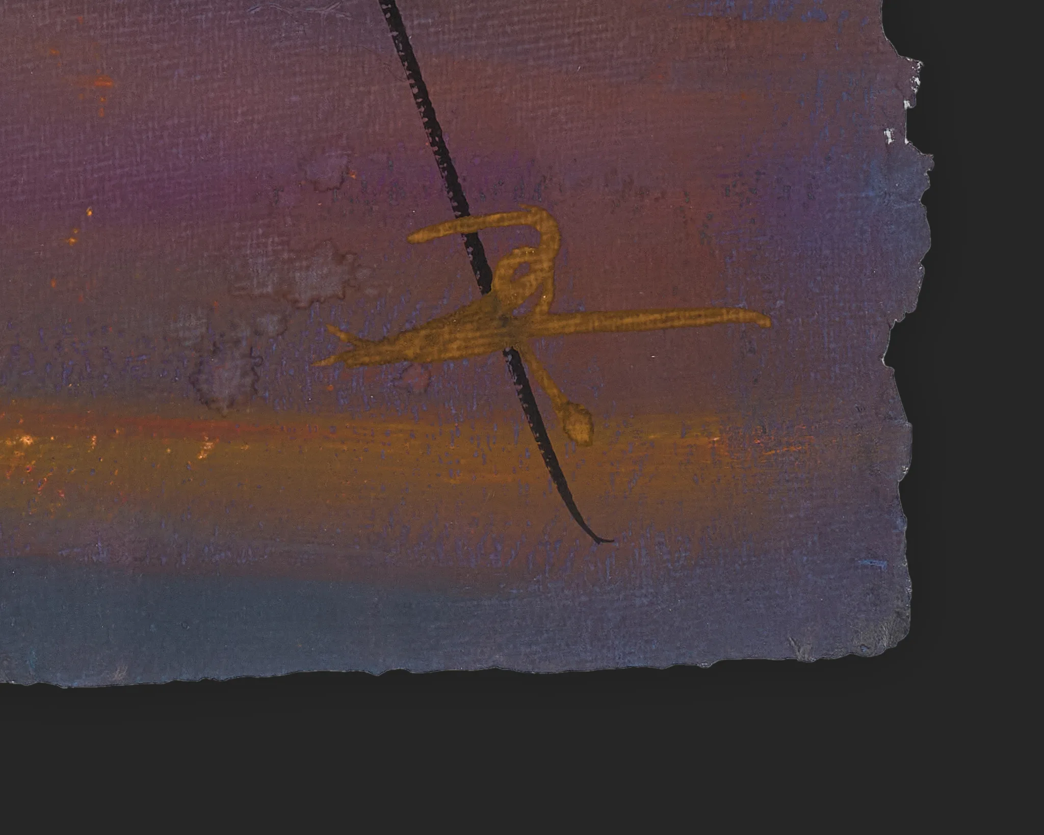 Close-up detail of Nightfall Crossing, an original painting by Paul Kenton: his gold signature sits over a dusky purple and orange band, with a dark diagonal line cutting across it.