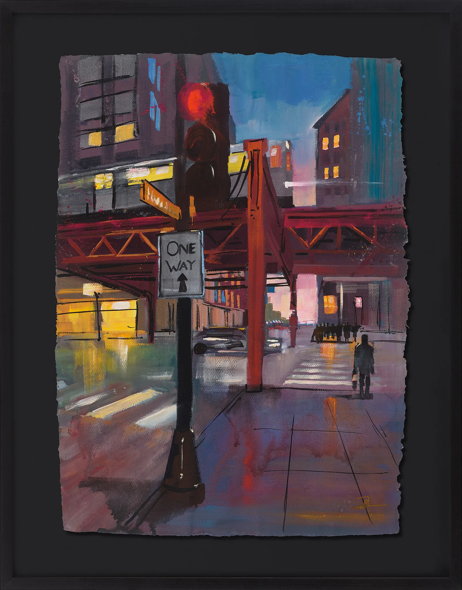 Nightfall Crossing, an original gouache painting by Paul Kenton of a Chicago street at dusk, shown in a black frame. A red traffic light, a One Way sign and a red elevated railway dominate, with lit windows and a lone figure.