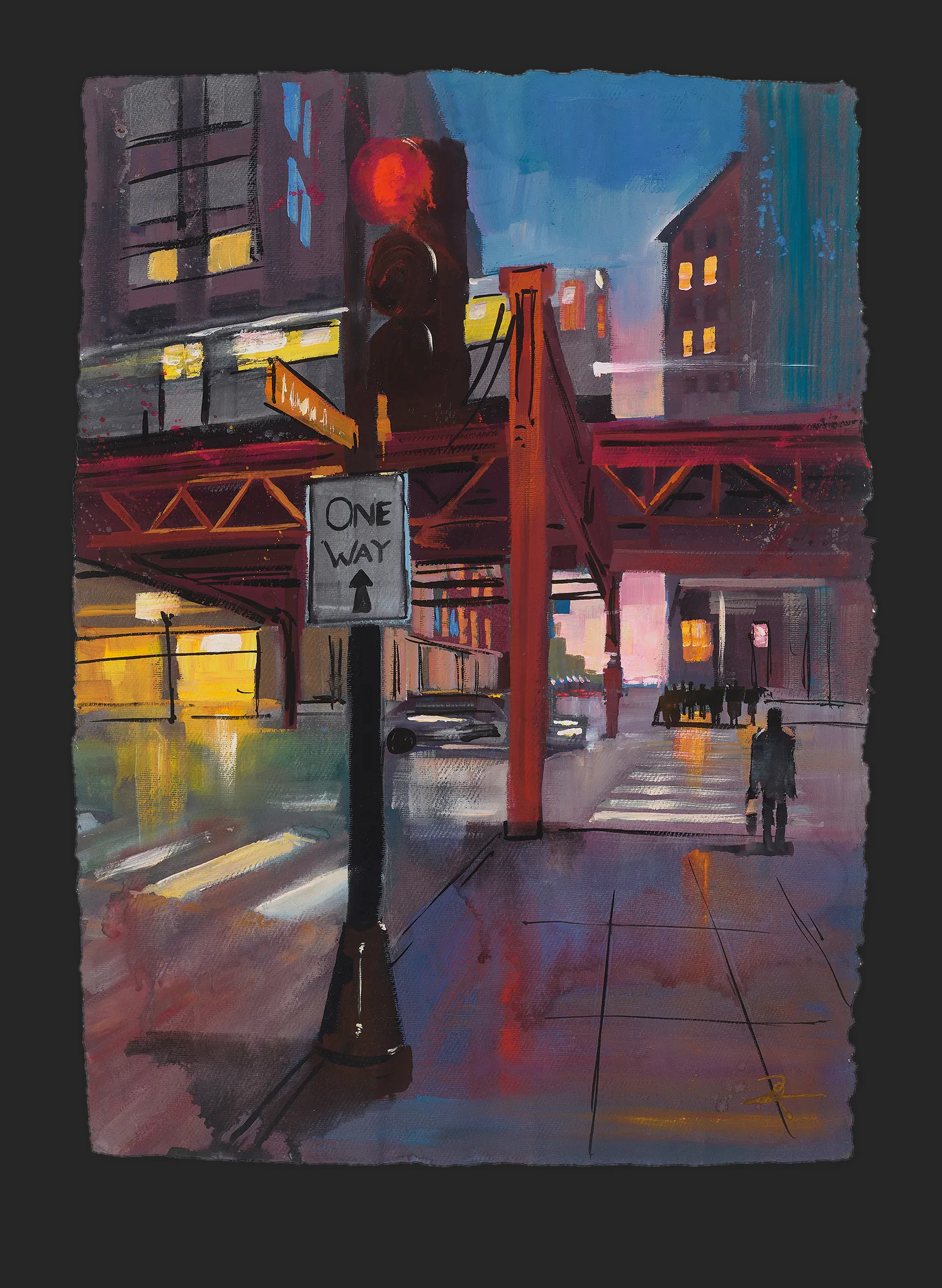 Nightfall Crossing, an original gouache painting by Paul Kenton: a city street at dusk beneath a red elevated railway, with a glowing red traffic light, a One Way sign, and a lone figure on the pavement.