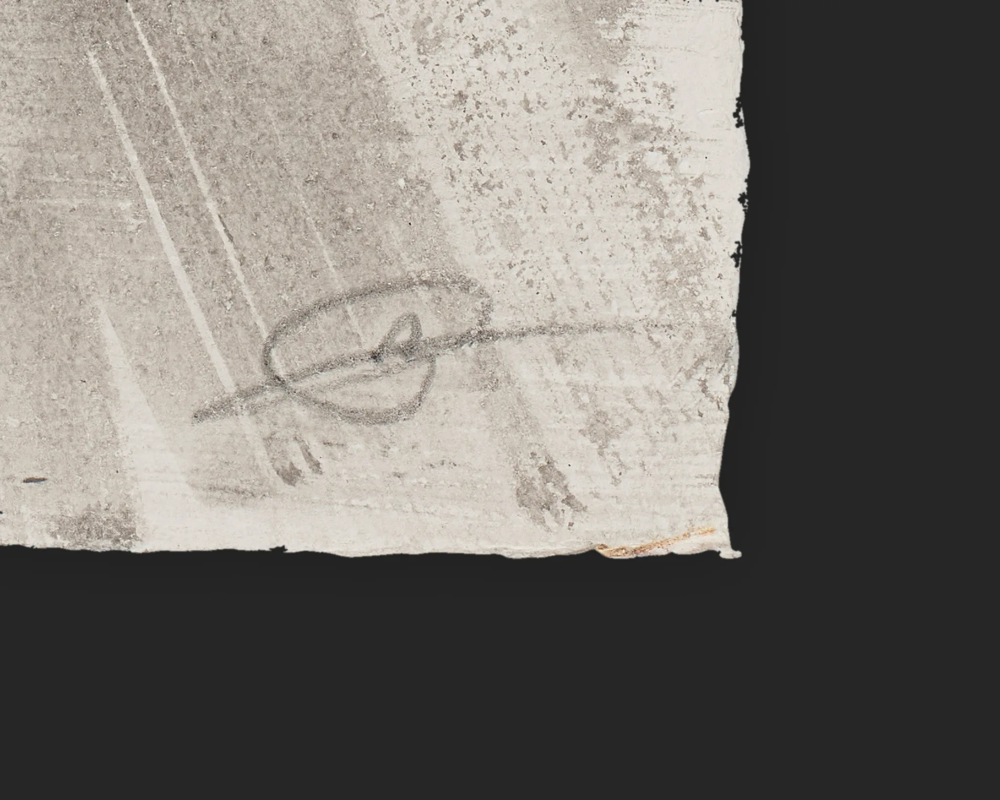 Close-up detail of Under the Clock, an original ink on Indian paper painting by Paul Kenton, showing his grey pencil-like signature in the lower corner over pale, textured, brushed marks.