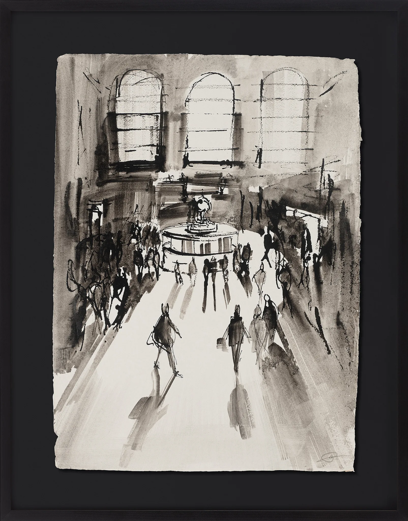 Under the Clock, an original ink painting by Paul Kenton, shown in a black frame: loose grey washes of commuters crossing a grand New York concourse beneath tall arched windows, with a clock-topped kiosk at centre.