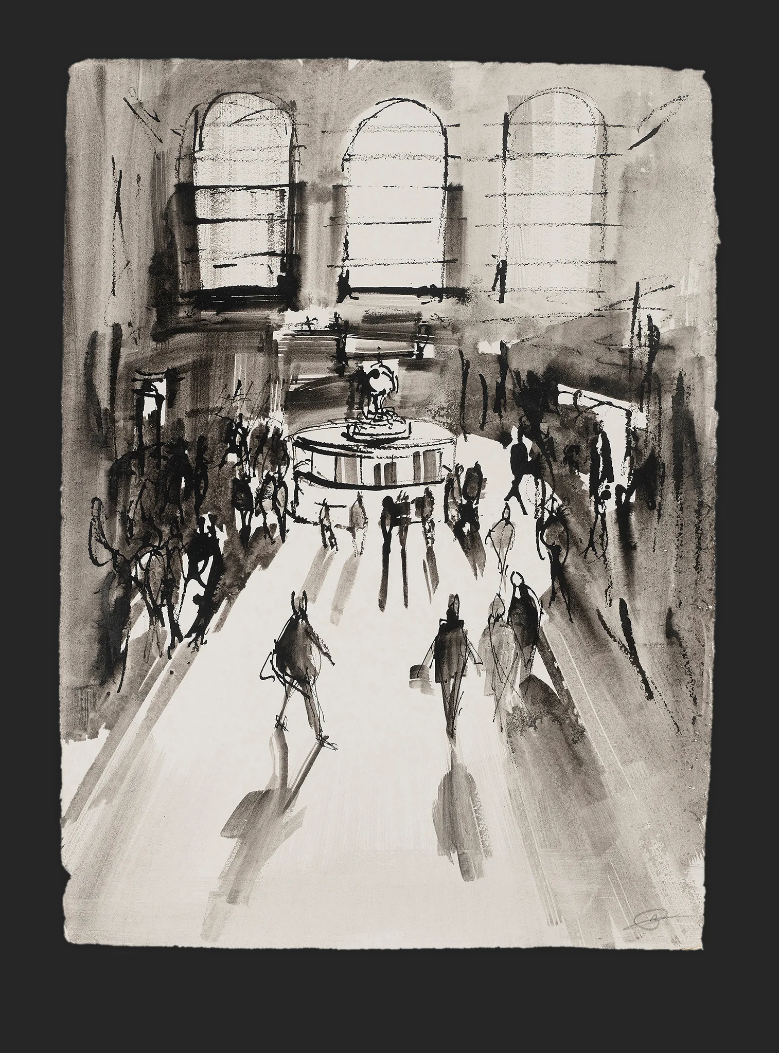 Under the Clock, an original ink painting by Paul Kenton: a monochrome grand hall with three tall arched windows, a central fountain with a globe, and loose, shadowy figures crossing a bright floor.