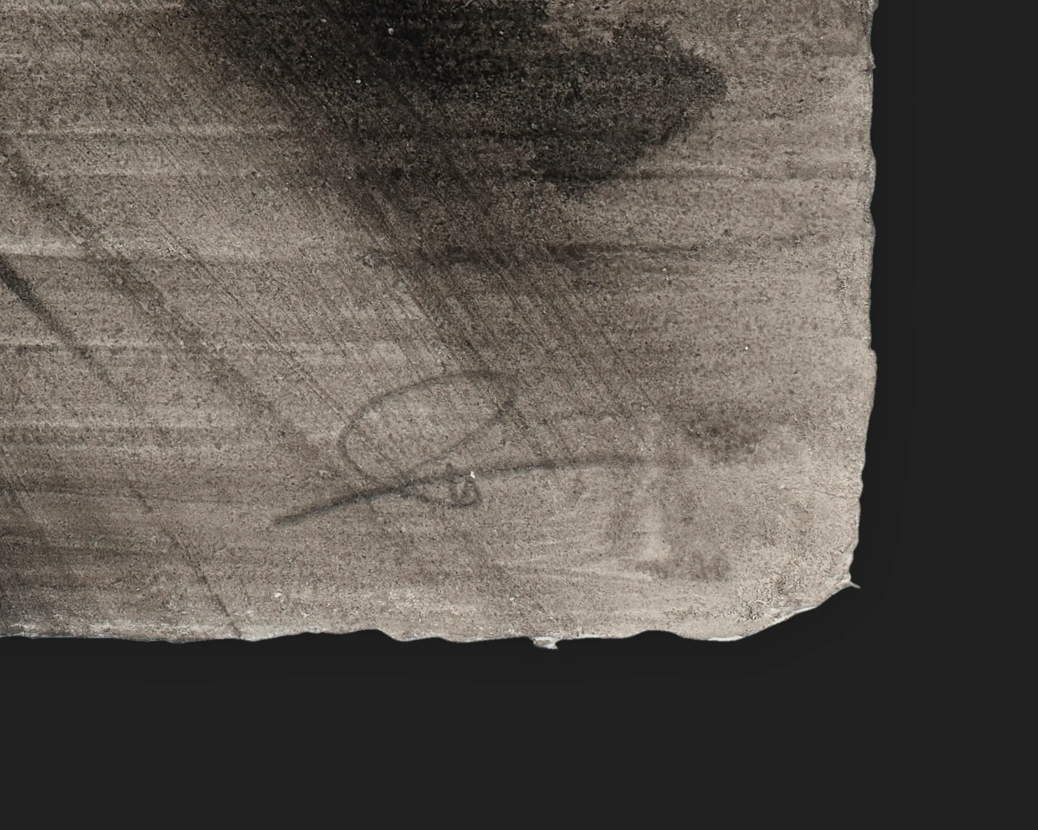 Close-up of the lower corner of Rainfall Dash, an original ink painting on Indian paper, showing Paul Kenton's signature in pencil over textured grey wash and dark ink strokes.