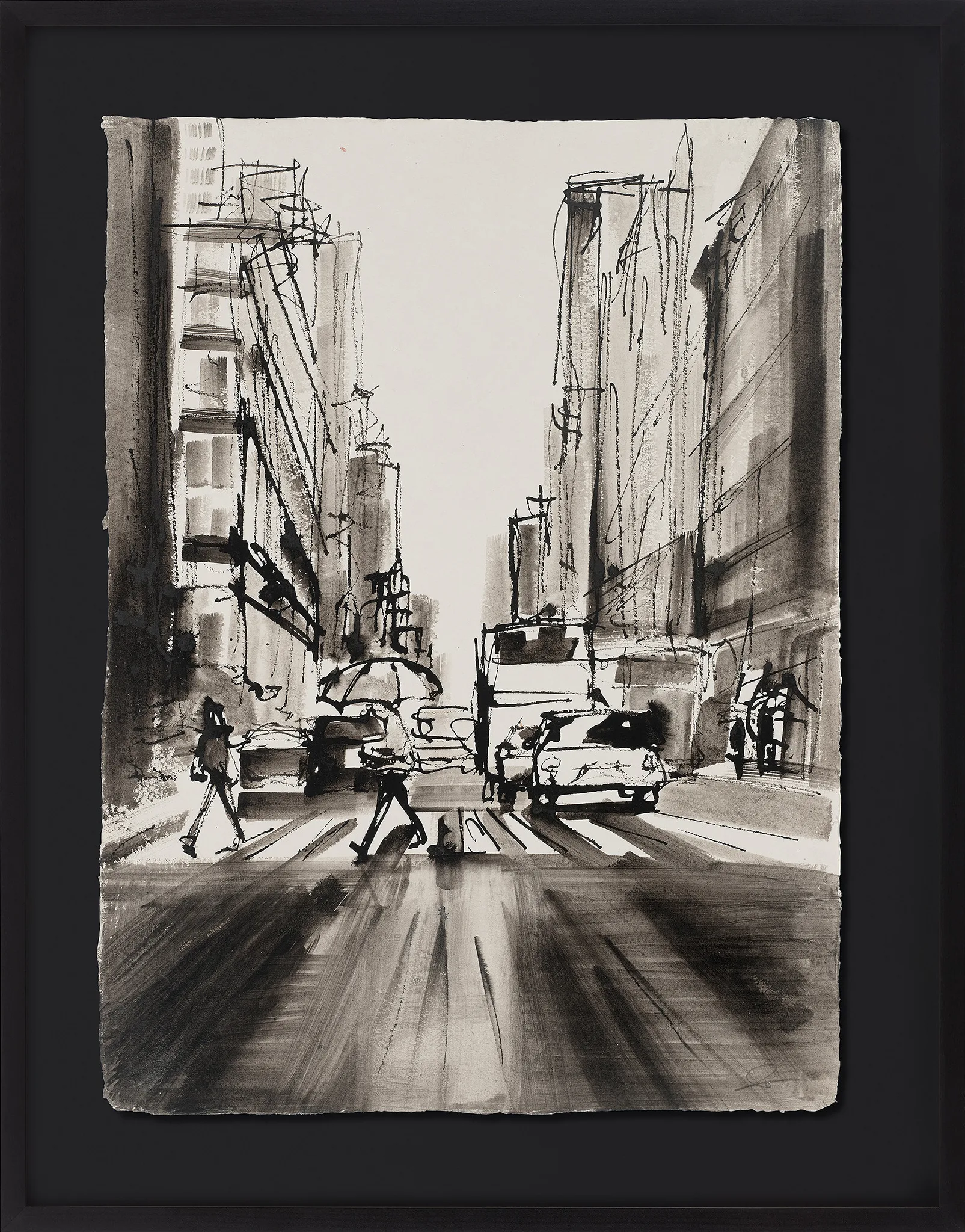 Rainfall Dash, an original ink painting by Paul Kenton, shown in a black frame: a monochrome New York street with tall buildings, a crosswalk, pedestrians and parked cars, rendered in loose, sketchy grey washes.