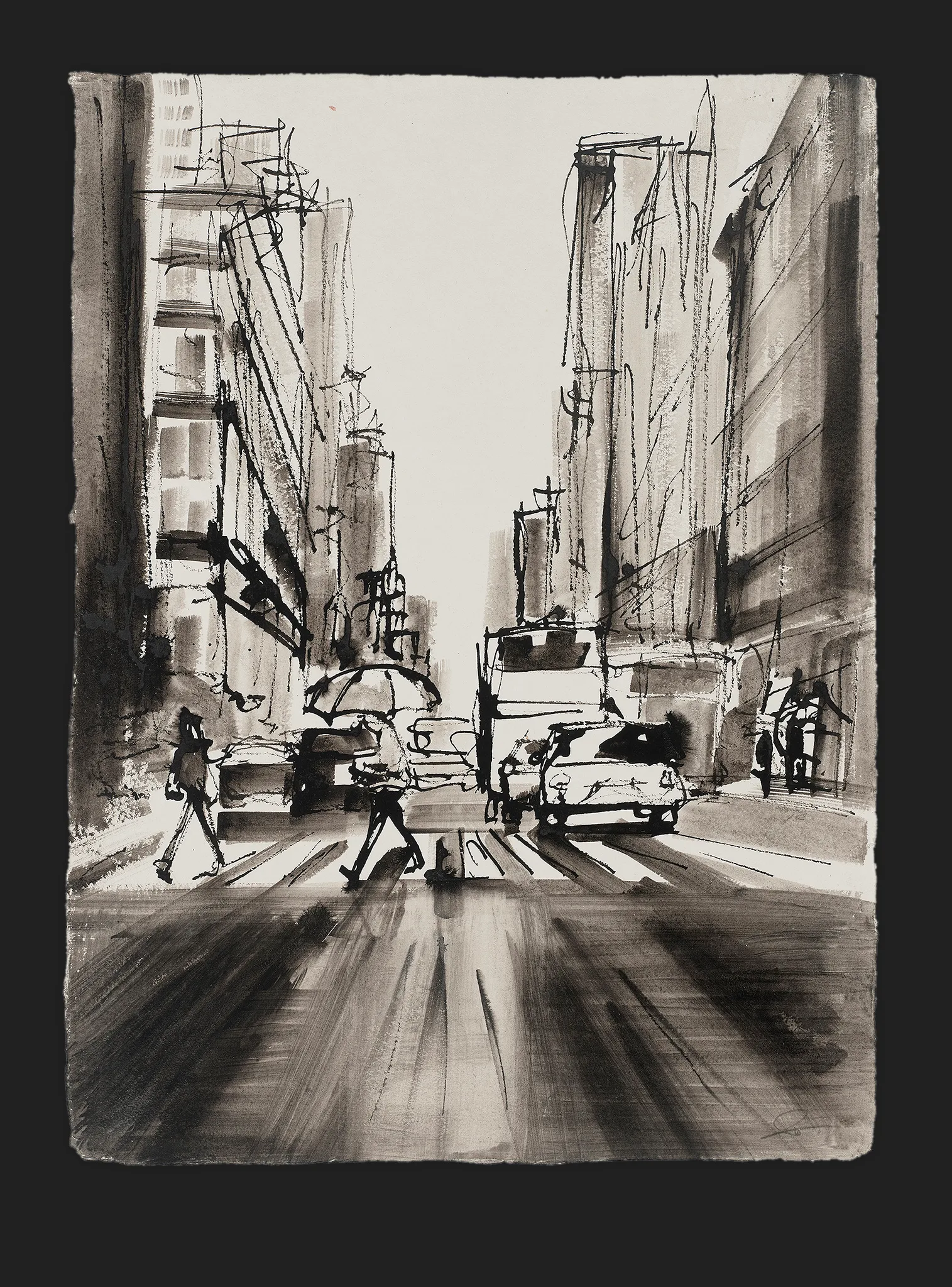 Rainfall Dash, an original ink painting by Paul Kenton: a New York street in greys and black, with pedestrians crossing in the rain beneath a bright, misty sky.