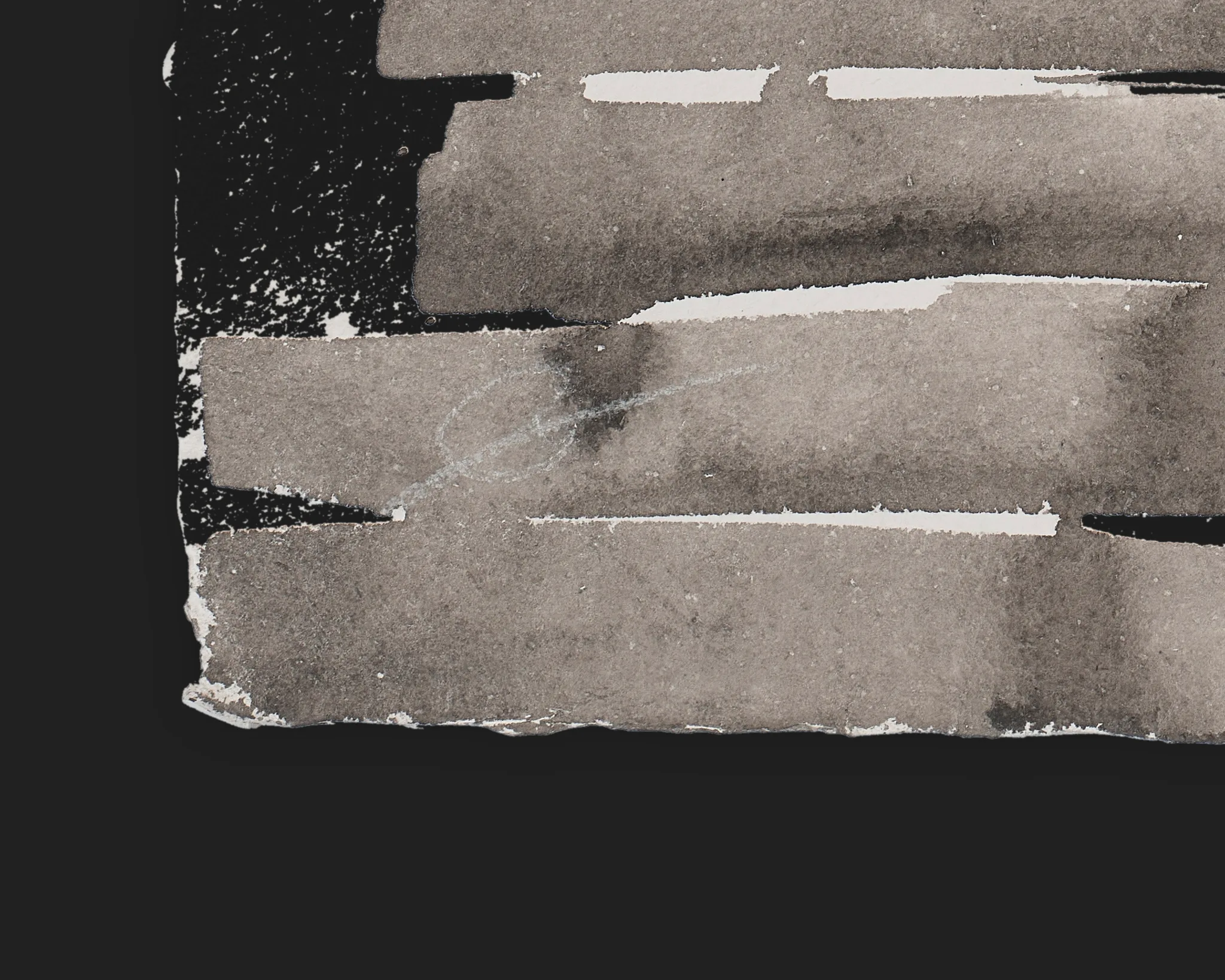 Close-up detail of Mirrored Moment, an original ink painting on Indian paper by Paul Kenton, showing layered grey and brown horizontal bands, pale torn edges and faint pencil-like marks against black.