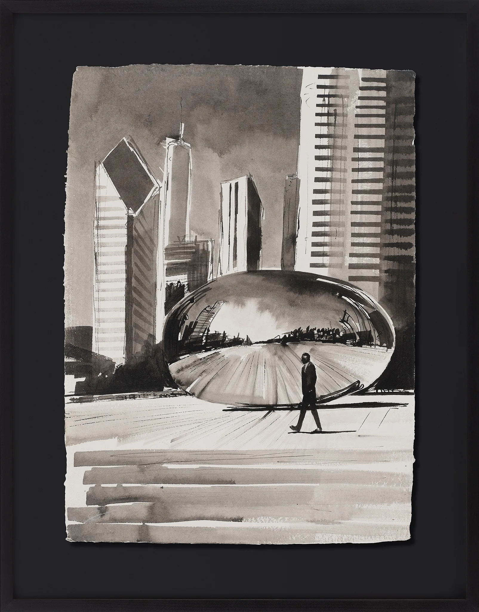 Mirrored Moment, an original ink on Indian paper painting by Paul Kenton, shown in a black frame: a lone walker passes the reflective steel bean in Chicago, with grey towers behind.