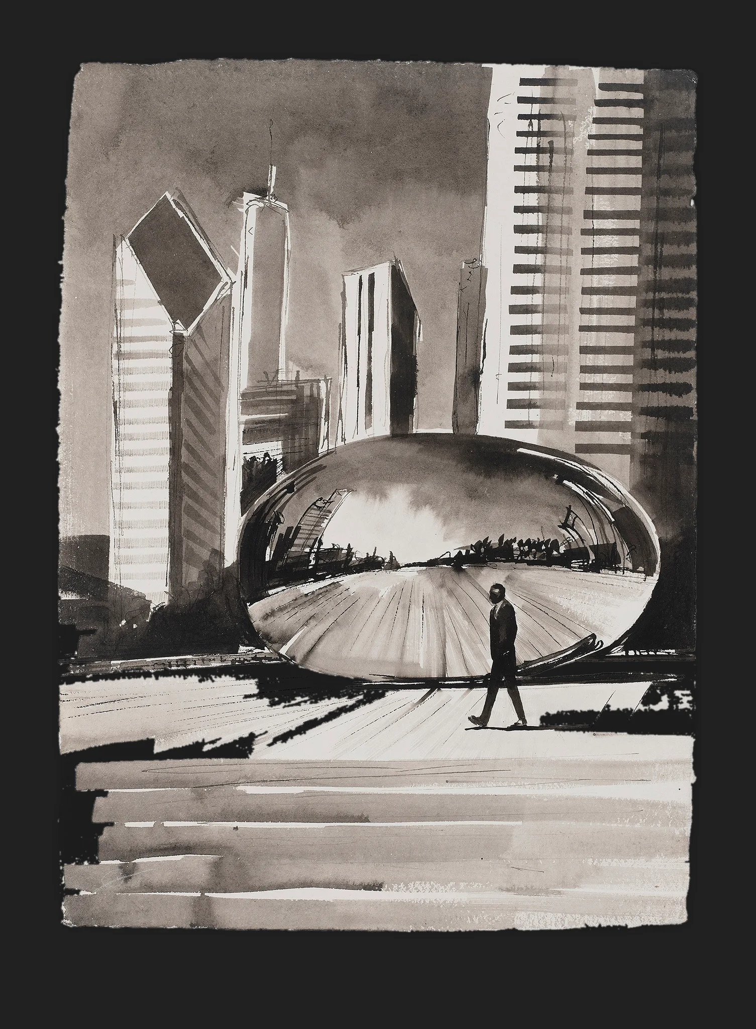 Mirrored Moment, an original painting by Paul Kenton: a lone figure walks past a polished bean-shaped sculpture reflecting Chicago's skyline, rendered in grey ink washes.