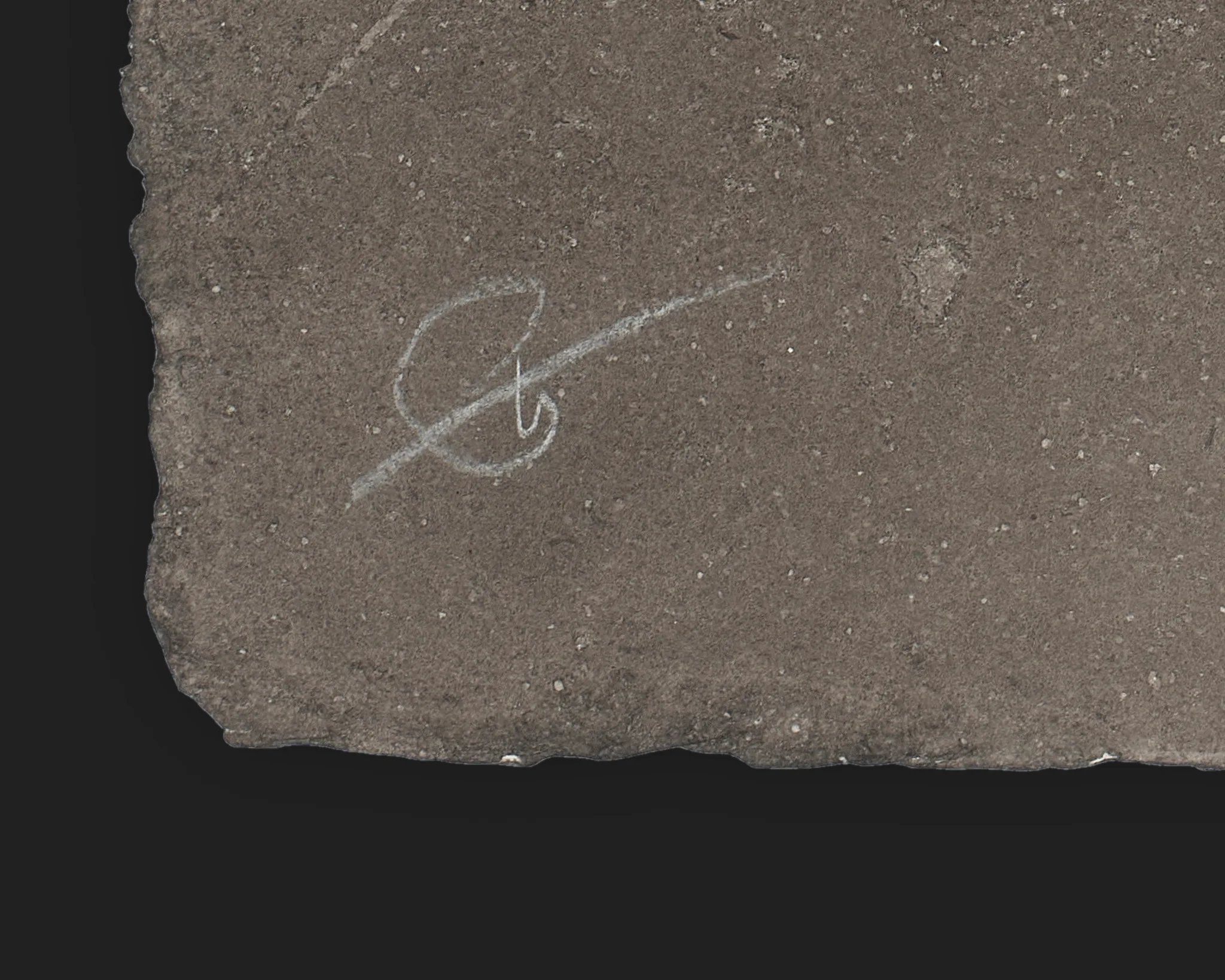 Close-up of the lower corner of Radio City Shades, an original painting by Paul Kenton, showing his pale grey signature on a textured brown-grey paper edge against a dark background.