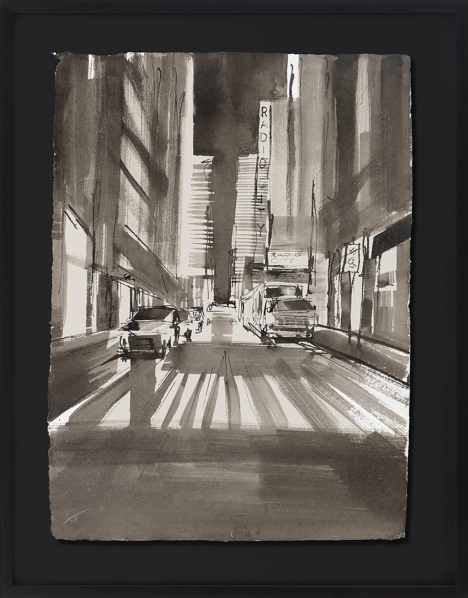 Radio City Shades, an original ink on paper painting by Paul Kenton, shown in a black float frame: a monochrome New York street of tall buildings, a vanishing point and sunlit crosswalk stripes.