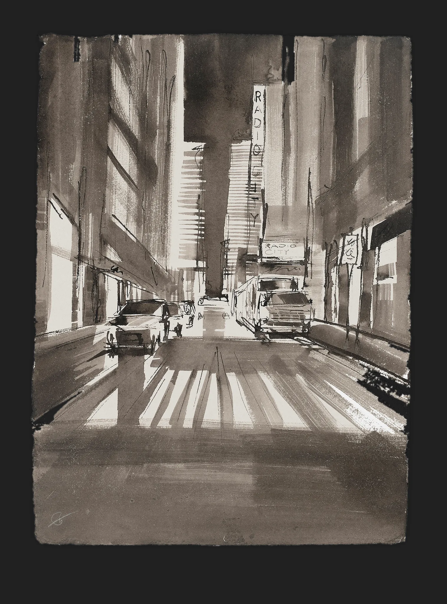 Radio City Shades, an original painting by Paul Kenton: a monochrome ink view down a sunlit New York street, with striped light across the road, parked cars and a lorry, and the Radio City sign rising ahead.