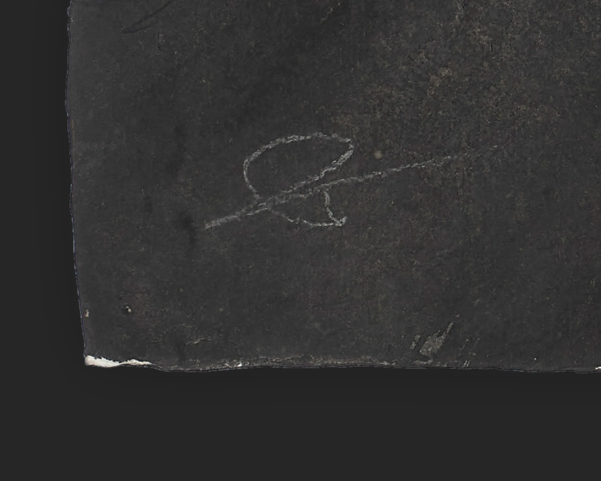 Close-up of the lower corner of Into the Glare, an original ink on Indian paper painting by Paul Kenton, showing his loose signature scratched into the dark, textured surface.