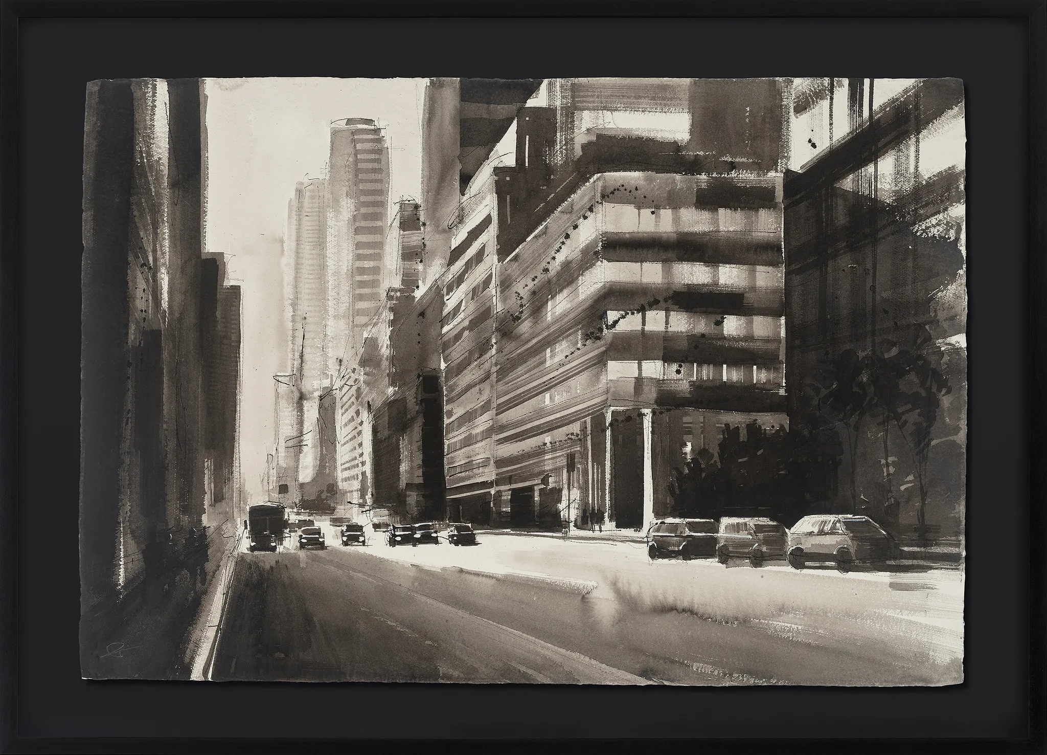 Into the Glare, an original ink painting on Indian paper by Paul Kenton, shown in a black float-mounted frame: a monochrome New York street receding towards hazy towers, with cars lining the road and a bright sky.