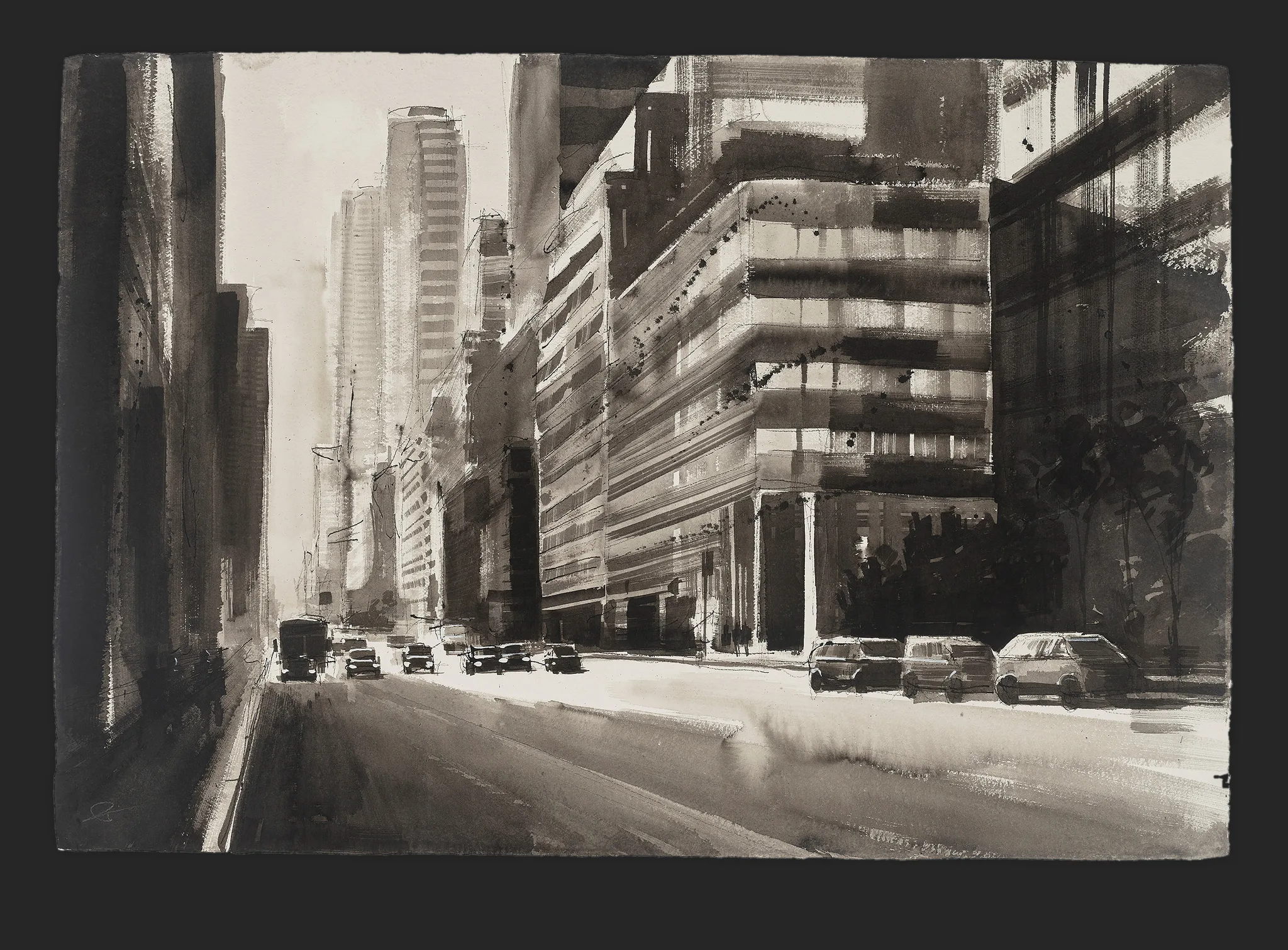 Into the Glare, an original painting by Paul Kenton: a New York avenue in grey ink on Indian paper, with towers fading into bright haze and parked cars lining the street.