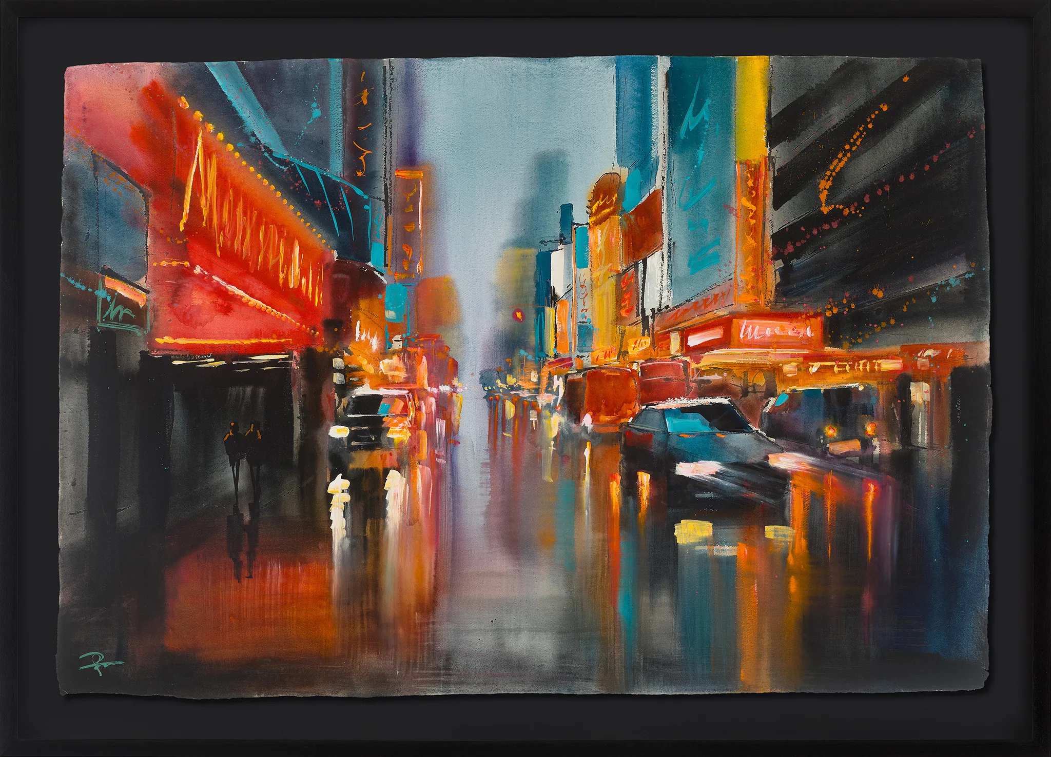Electric Haze, an original painting by Paul Kenton in a black frame: a rain-wet city street at dusk, glowing red and orange signs, reflections on the road, and blurred cars.
