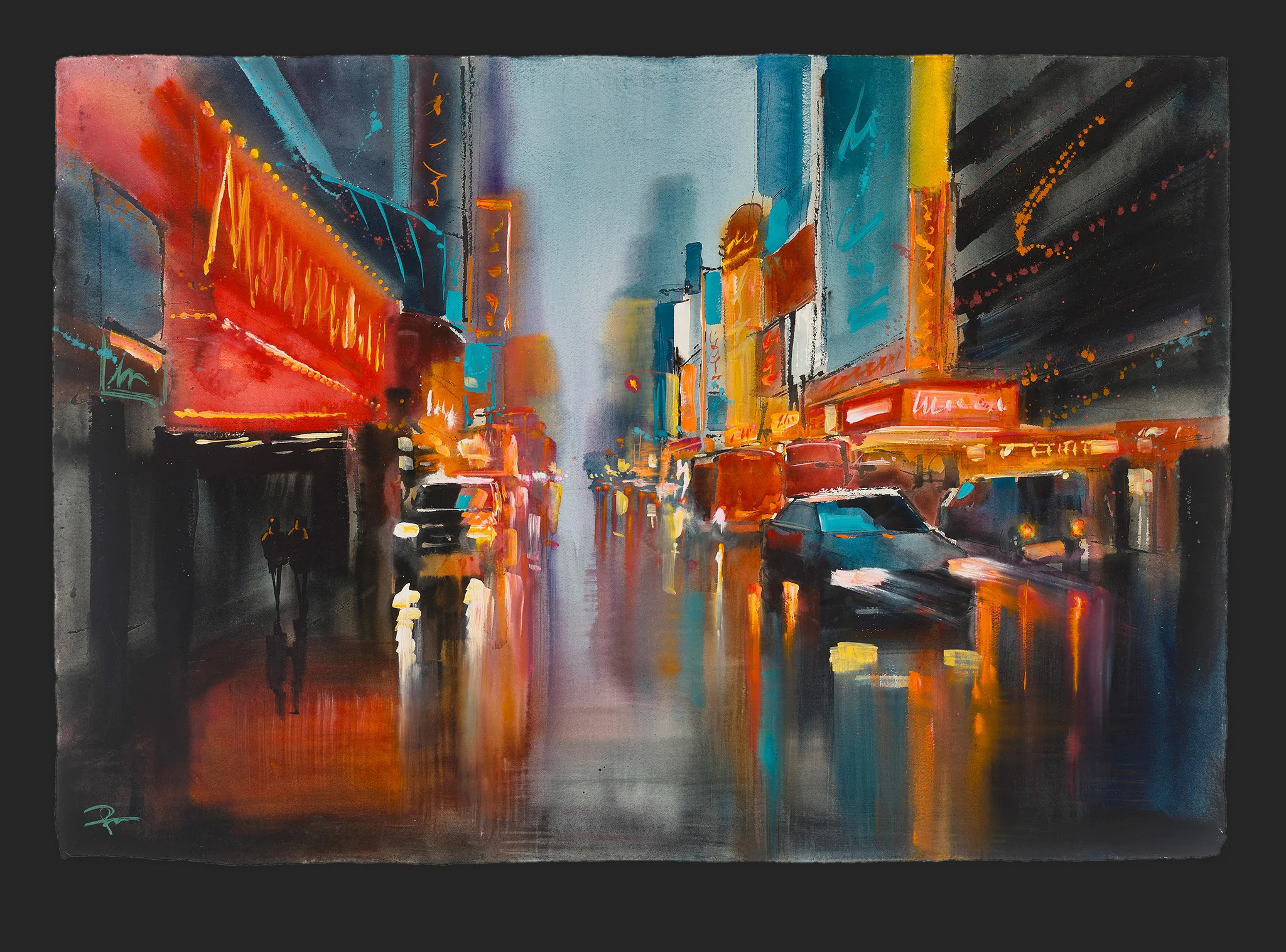 Electric Haze, an original painting by Paul Kenton: a rain-slicked New York street at night, with glowing red and orange signs, blurred cars and warm reflections against cool blue.