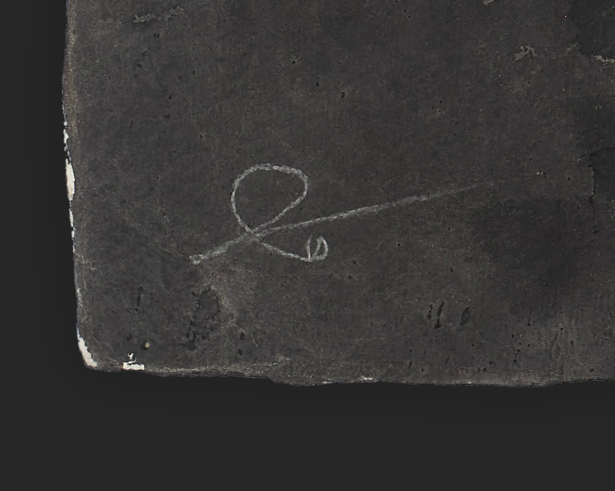 Close-up of the signature on Chrysler Drift, an original painting by Paul Kenton: a looped pale monogram scratched into a dark grey, textured surface, with a sweeping stroke beneath.