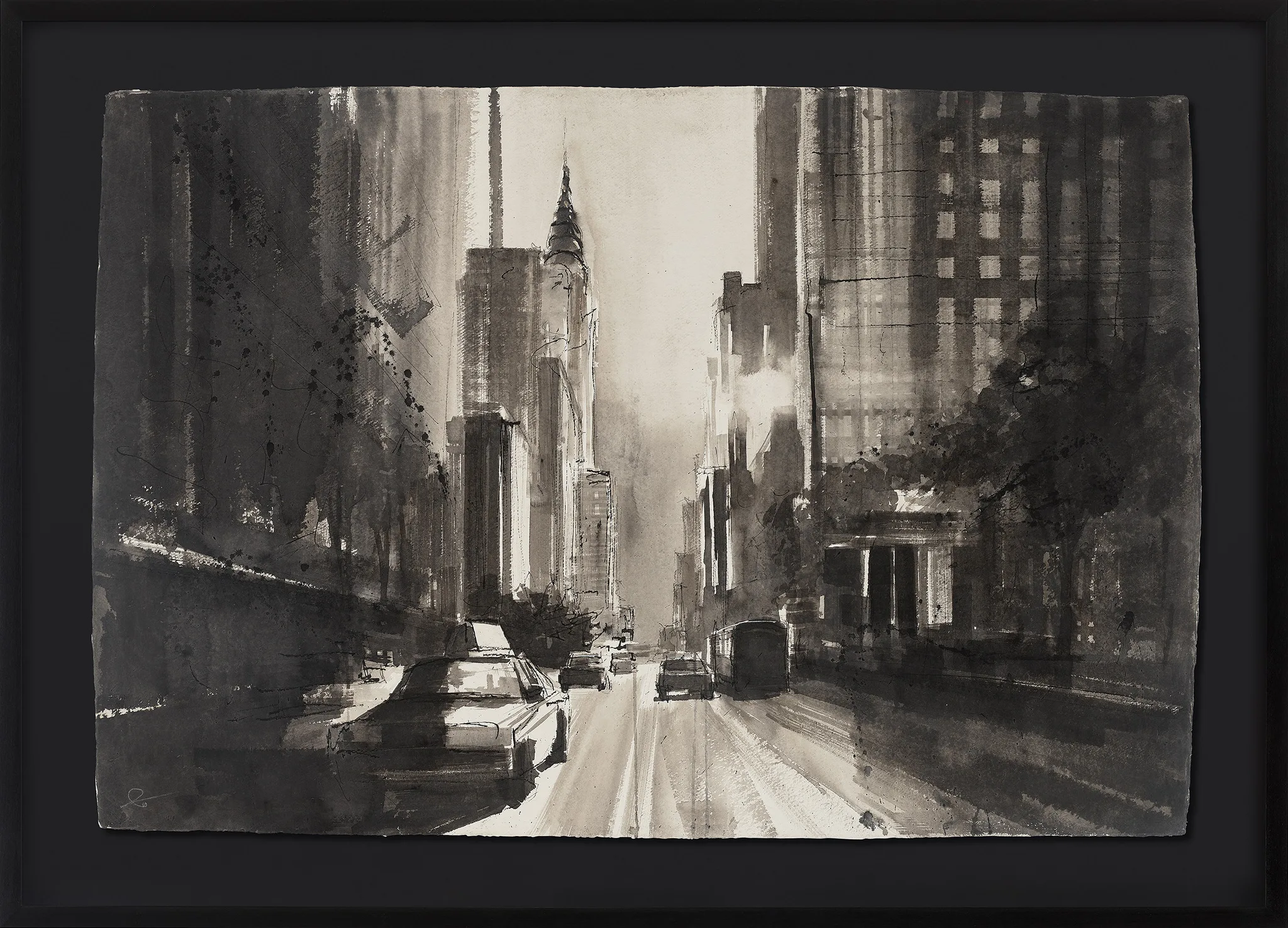 Chrysler Drift, an original painting by Paul Kenton in a black frame: a monochrome New York street of grey towers and parked cars, with a spire rising in the misty distance.