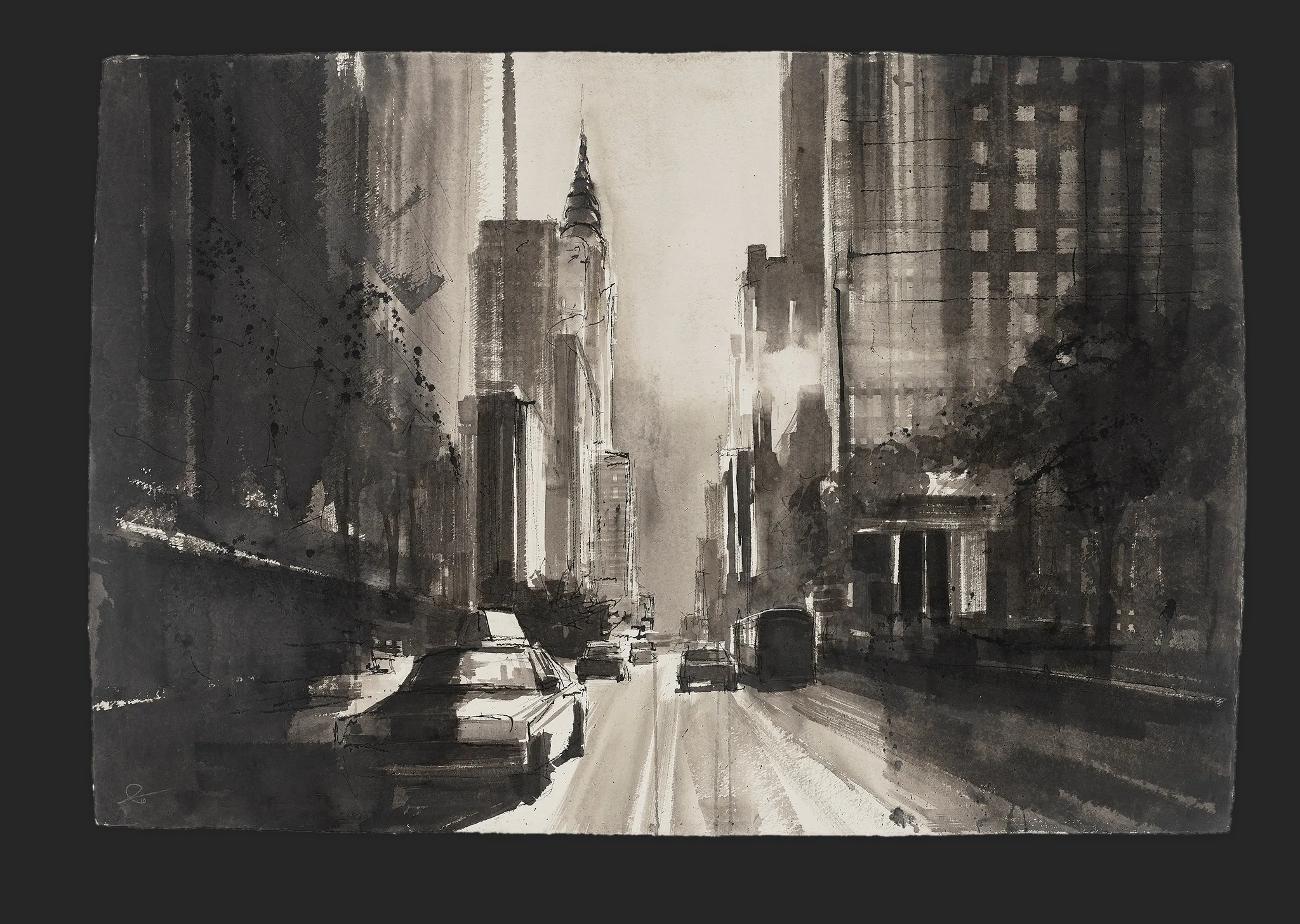 Chrysler Drift, an original painting by Paul Kenton: a monochrome New York street scene in watercolour and ink, with the Chrysler Building's spire rising through hazy grey towers toward a pale sky.