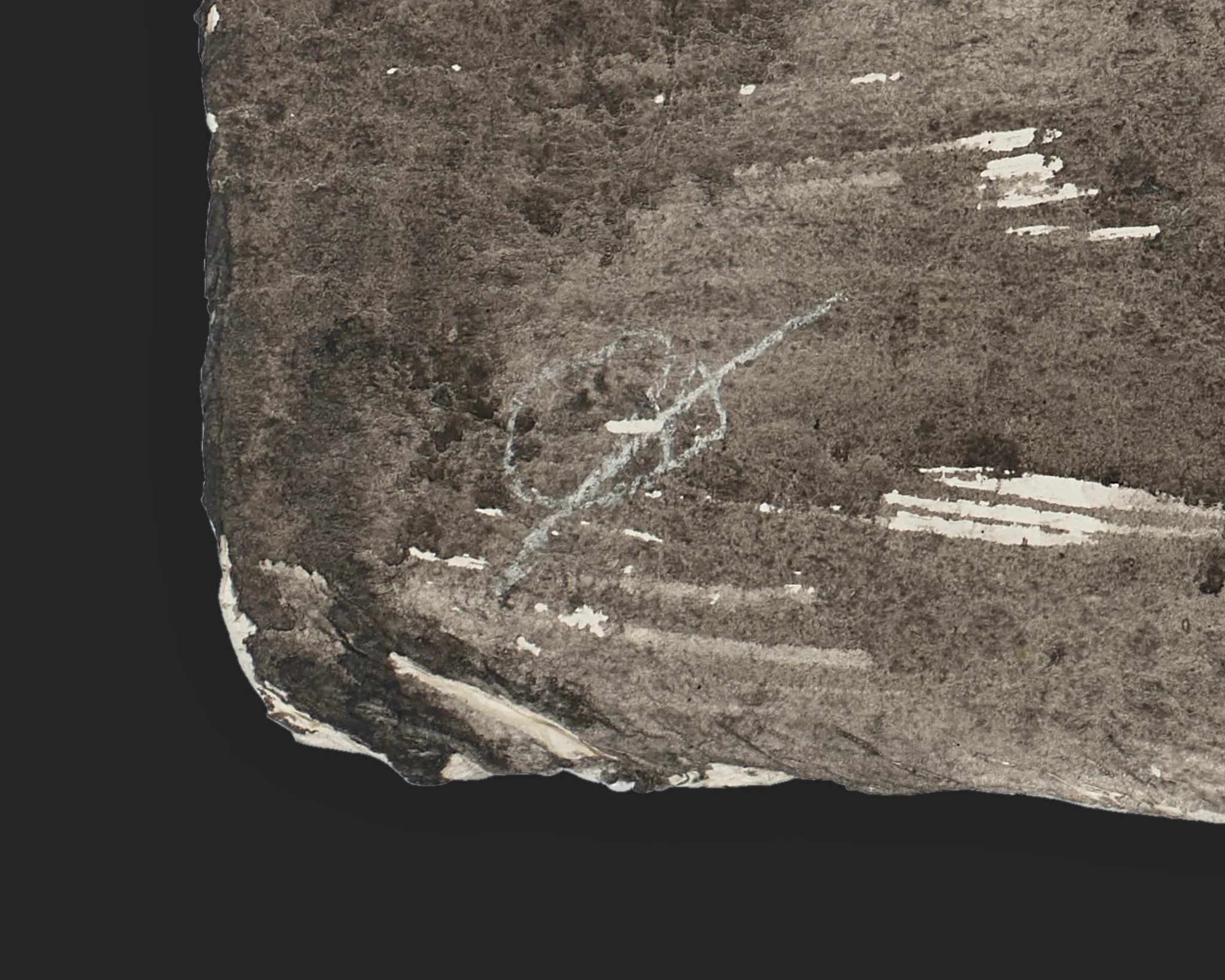 Close-up of the lower corner of Thames Overcast, an original watercolour and ink painting by Paul Kenton, showing his signature in pale grey ink over brown, textured paper.