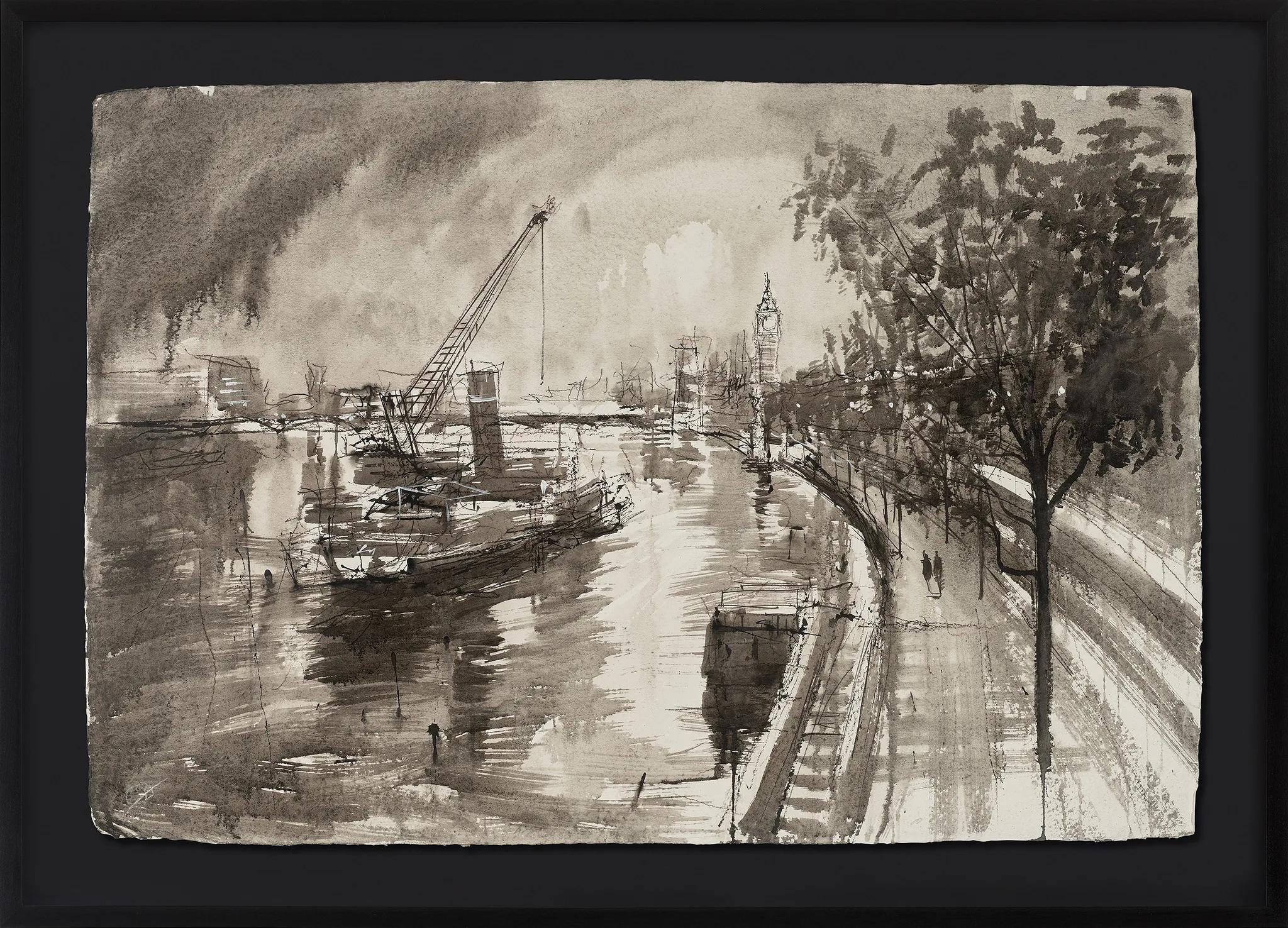 Thames Overcast, an original painting by Paul Kenton in a black frame: a monochrome watercolour and ink view of the Thames with a crane, moored barges and Big Ben under a brooding grey sky.