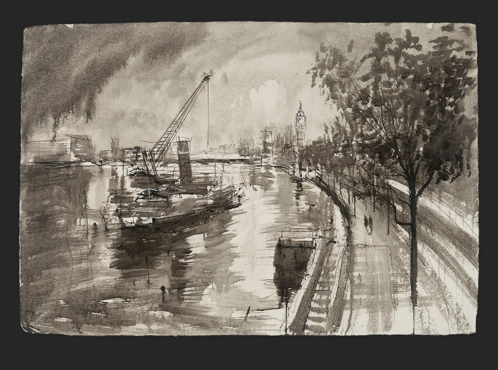 Thames Overcast, an original painting by Paul Kenton: a grey-toned watercolour and ink of the River Thames under heavy cloud, with a crane, moored barges, a tree-lined embankment and a distant clock tower.